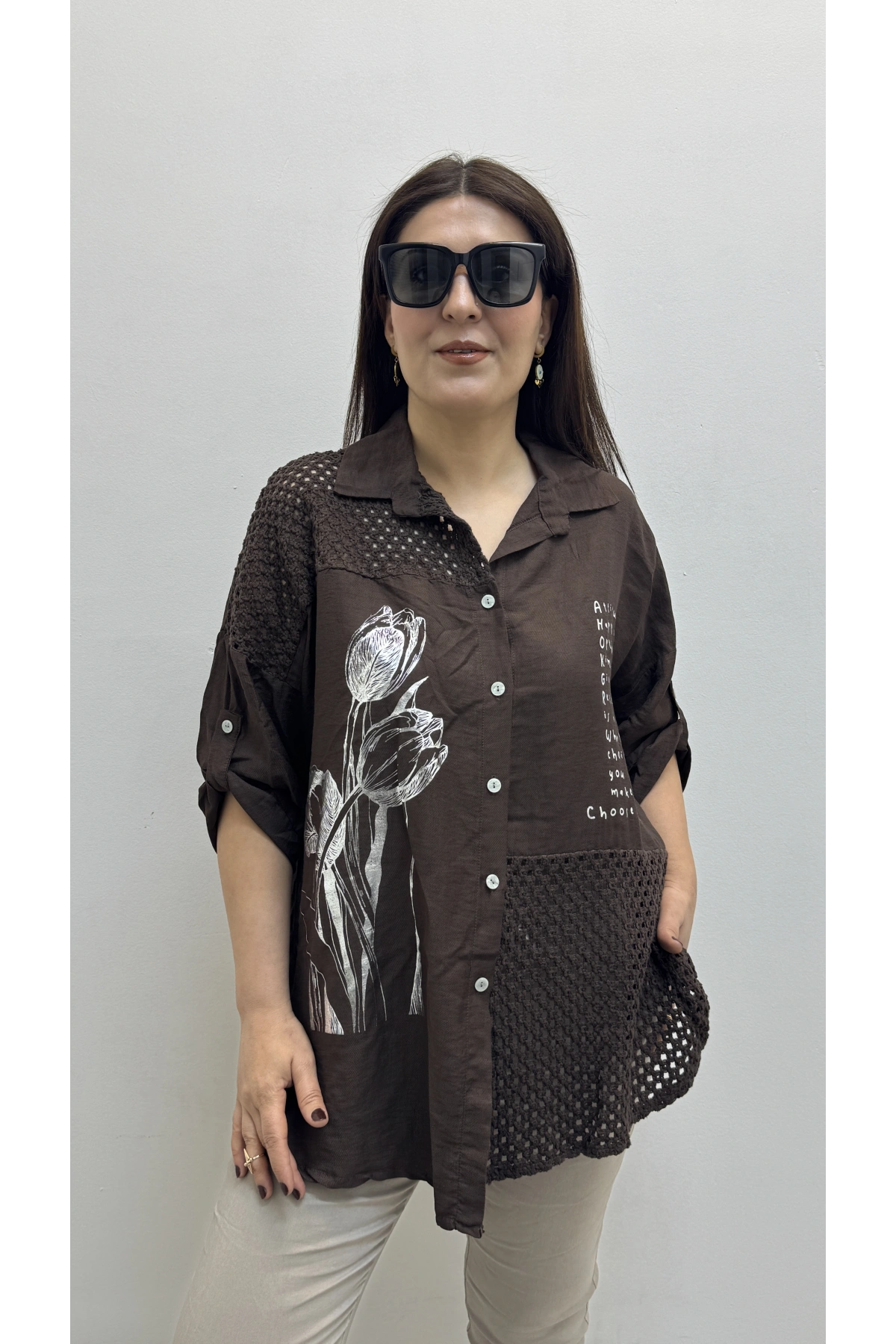 Nakışlı Dirsek Kol Yakalı Kahverengi İthal Gömlek Tunik