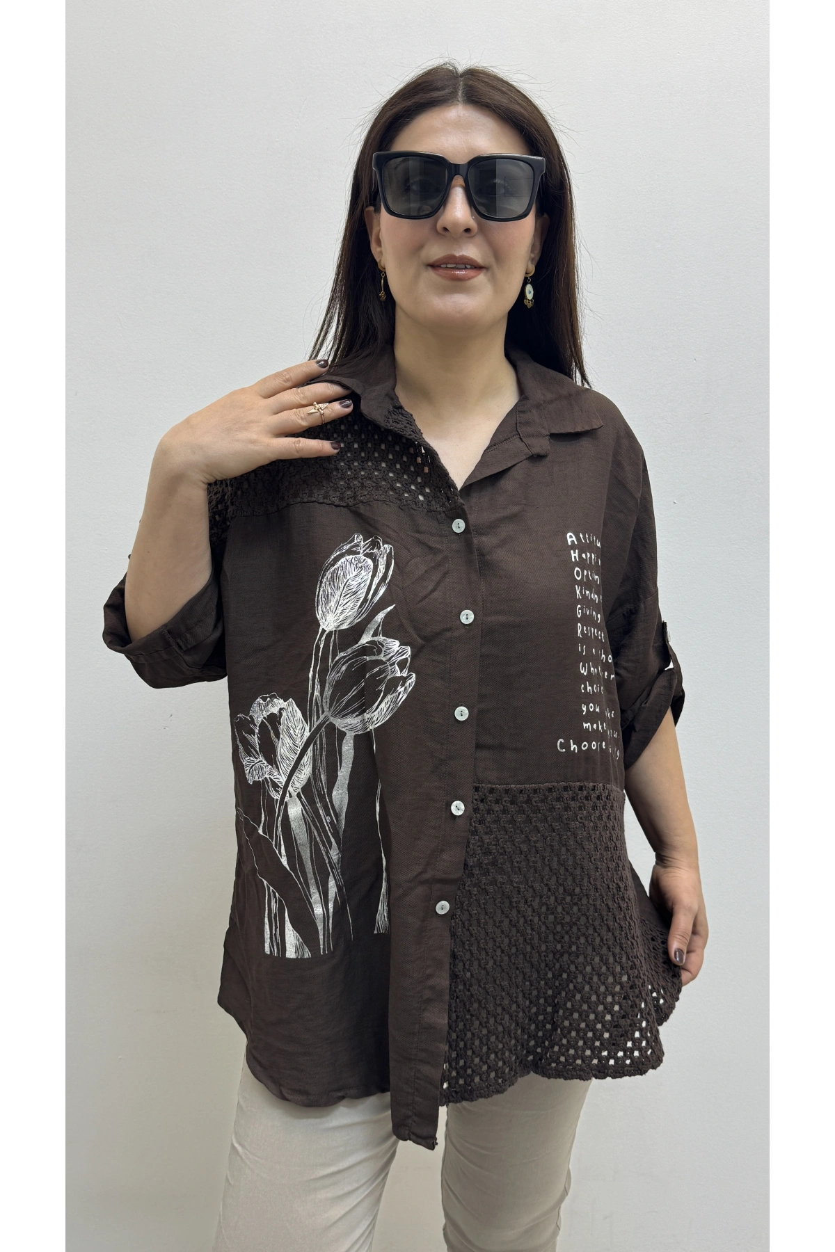 Nakışlı Dirsek Kol Yakalı Kahverengi İthal Gömlek Tunik