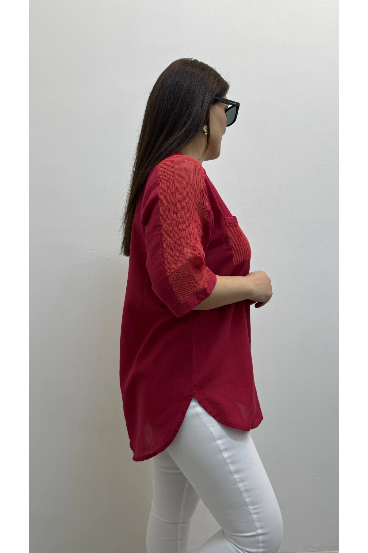 Omuz File Detaylı V Yaka Kırmızı Pamuklu Bluz
