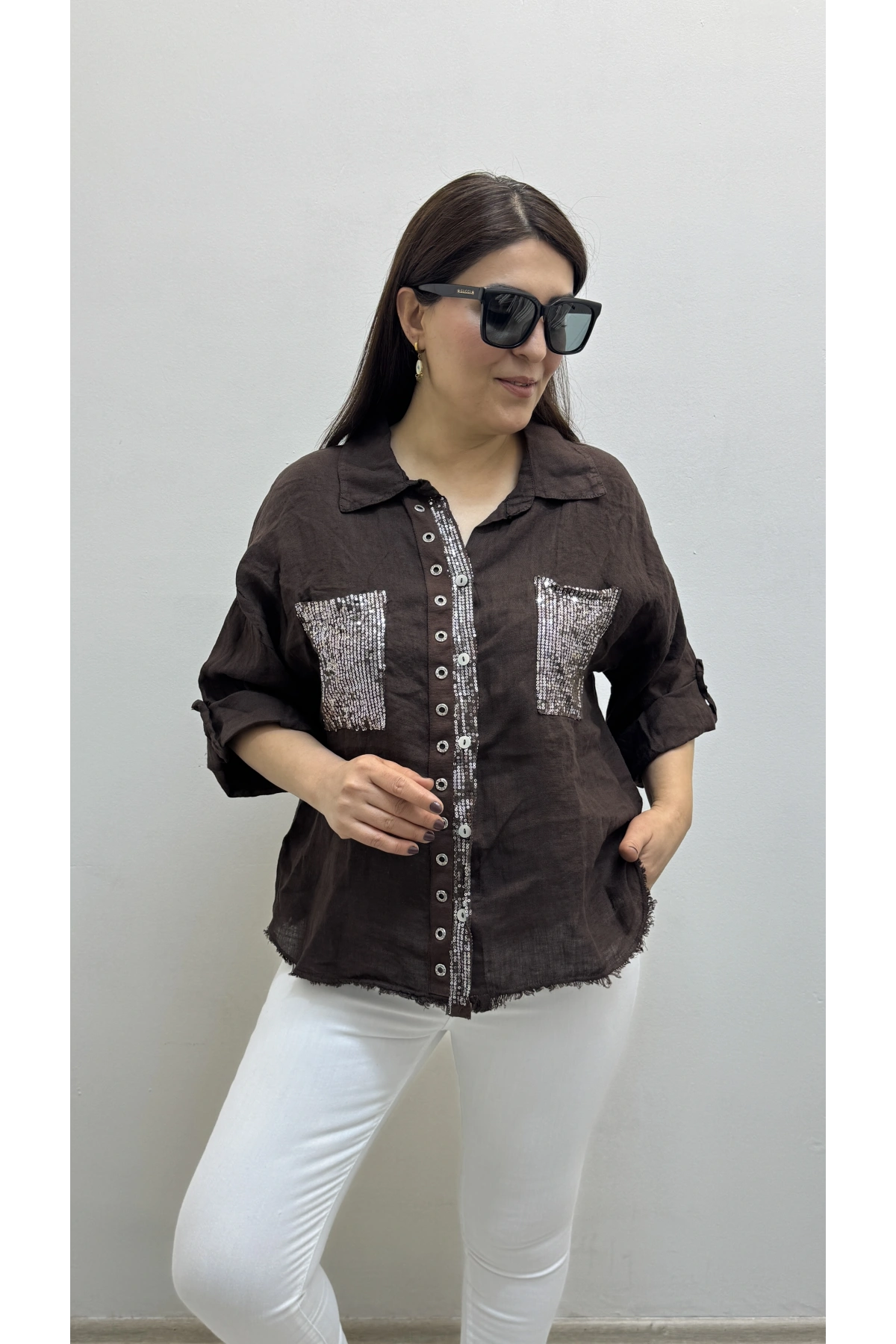 Yakalı Dirsek Kol Pul Payet İşlemeli Kahverengi İthal Keten Gömlek