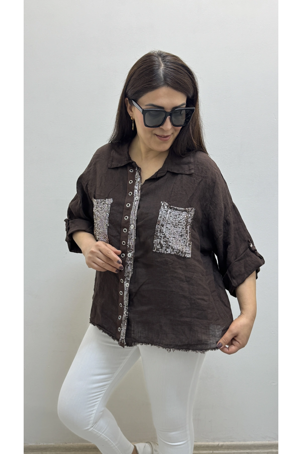 Yakalı Dirsek Kol Pul Payet İşlemeli Kahverengi İthal Keten Gömlek