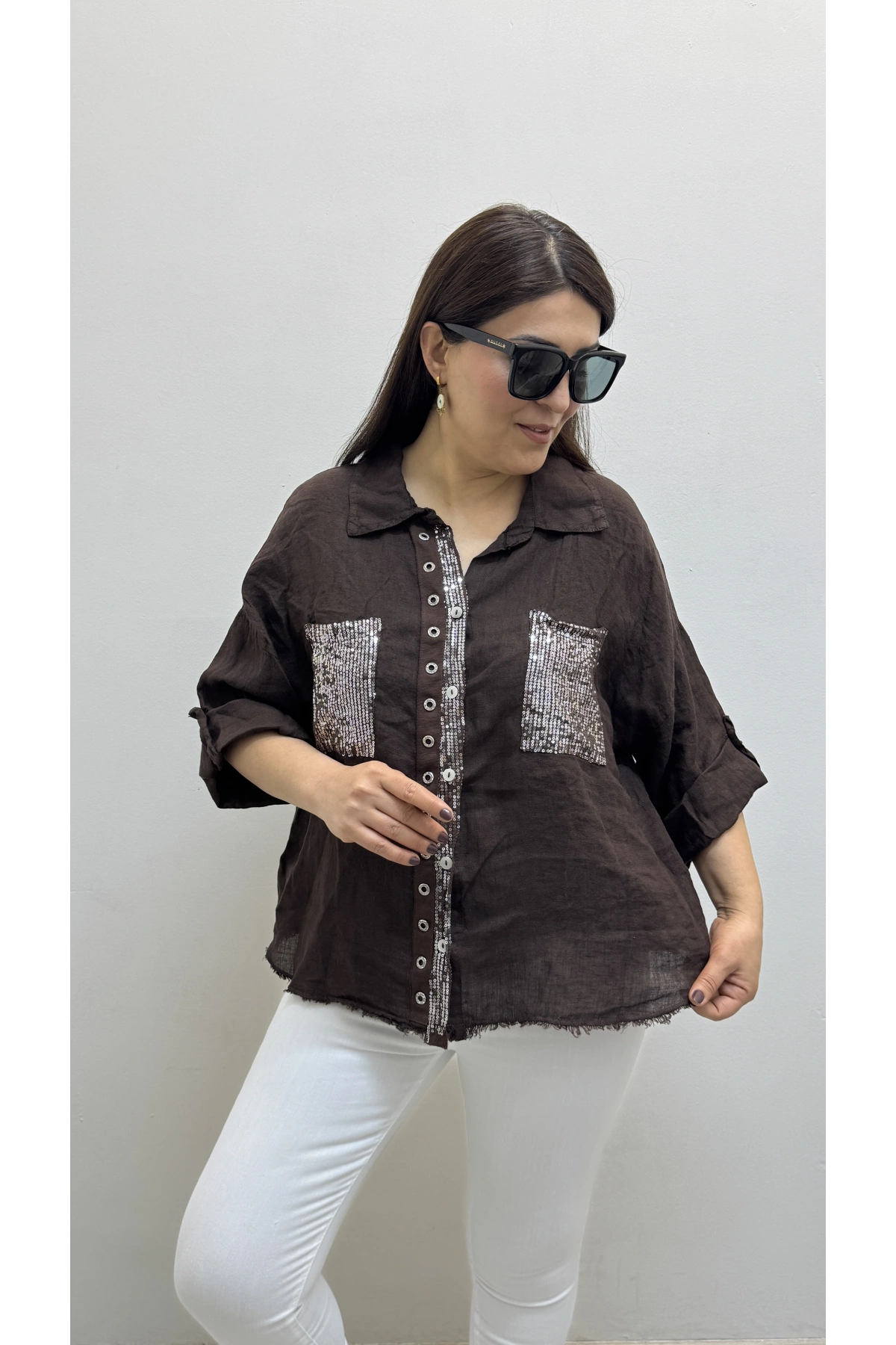 Yakalı Dirsek Kol Pul Payet İşlemeli Kahverengi İthal Keten Gömlek