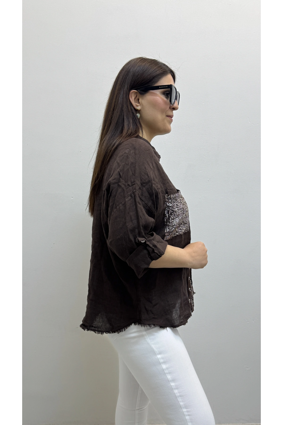 Yakalı Dirsek Kol Pul Payet İşlemeli Kahverengi İthal Keten Gömlek