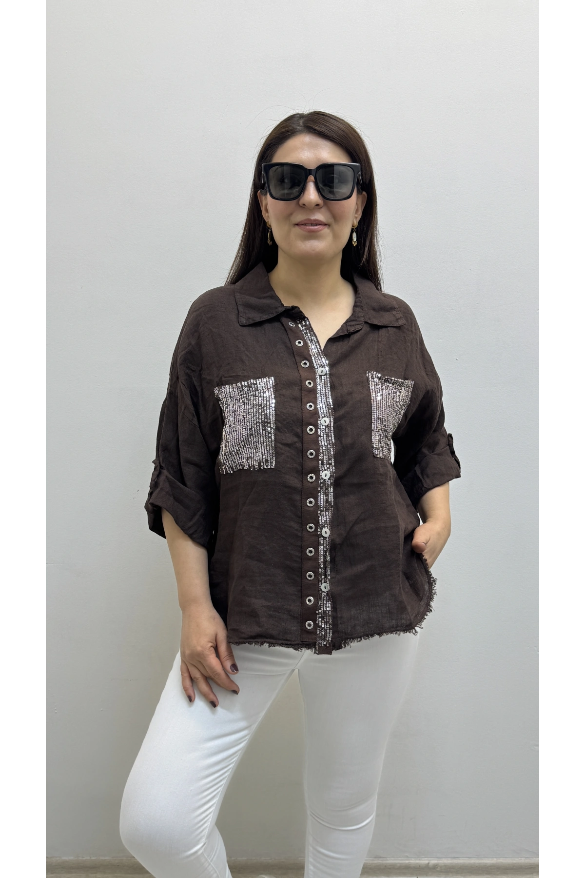 Yakalı Dirsek Kol Pul Payet İşlemeli Kahverengi İthal Keten Gömlek