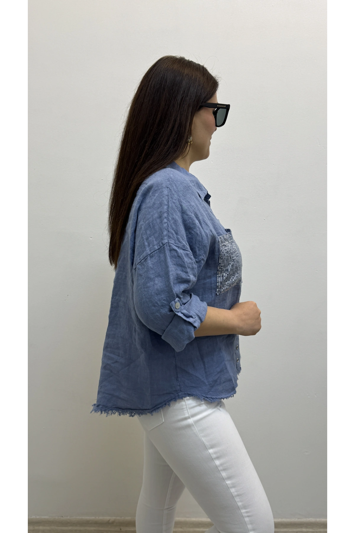 Yakalı Dirsek Kol Pul Payet İşlemeli Mavi İthal Keten Gömlek