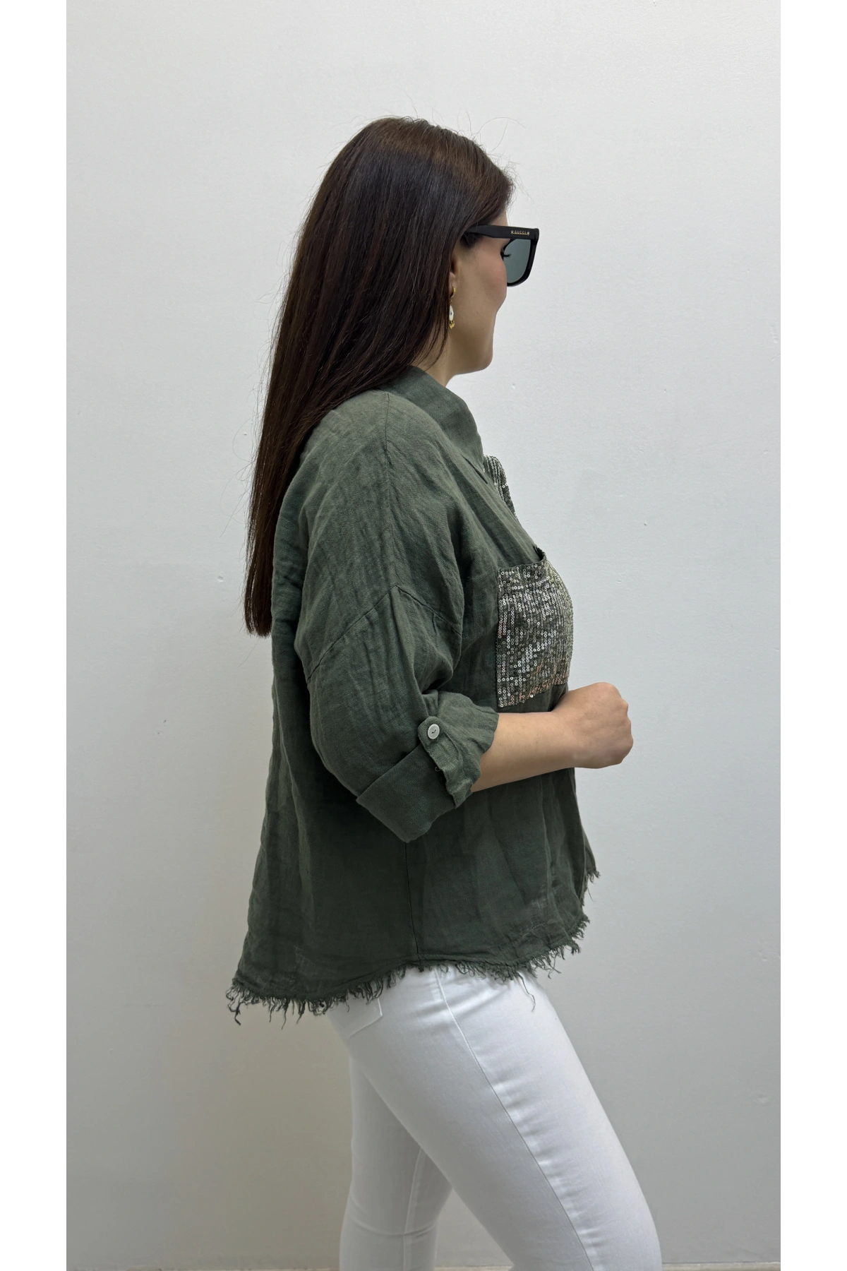 Yakalı Dirsek Kol Pul Payet İşlemeli Haki Yeşil İthal Keten Gömlek