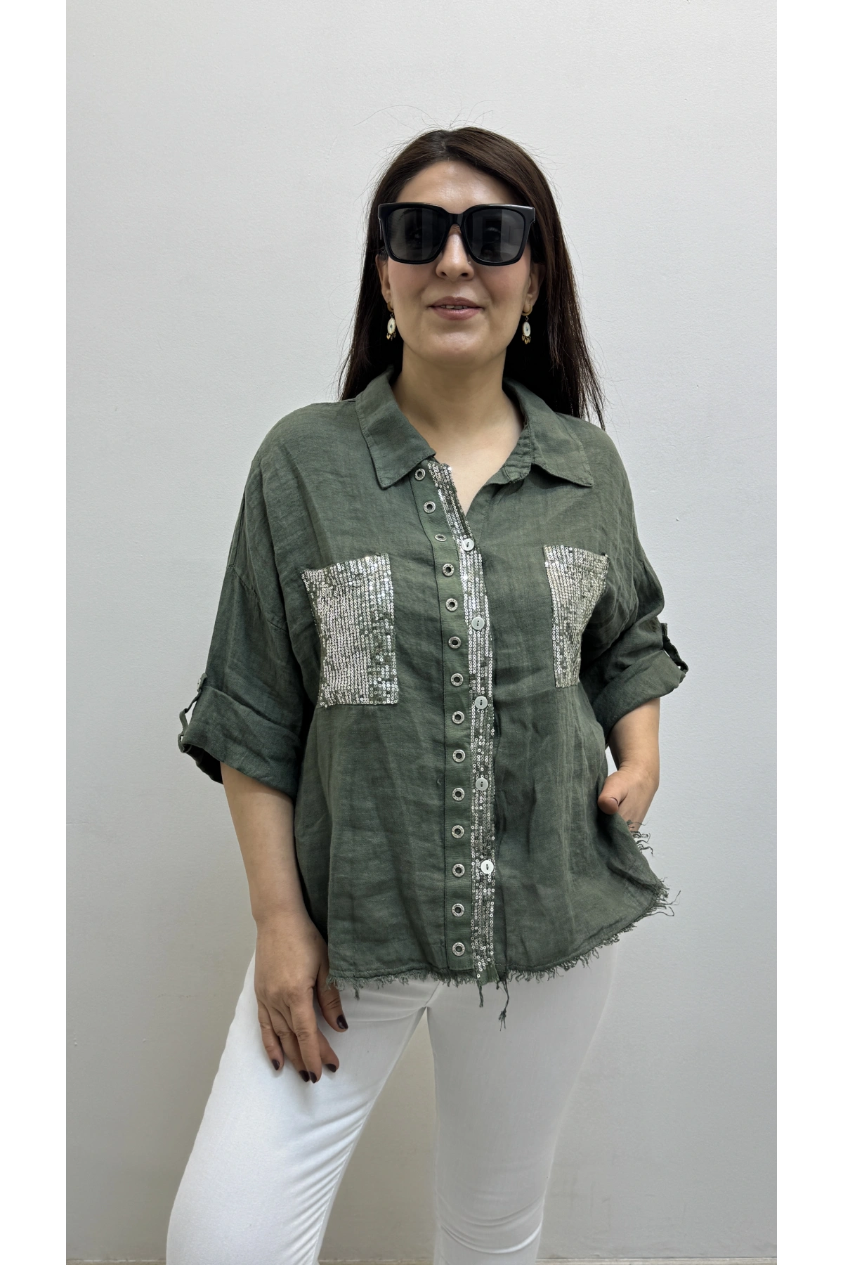 Yakalı Dirsek Kol Pul Payet İşlemeli Haki Yeşil İthal Keten Gömlek