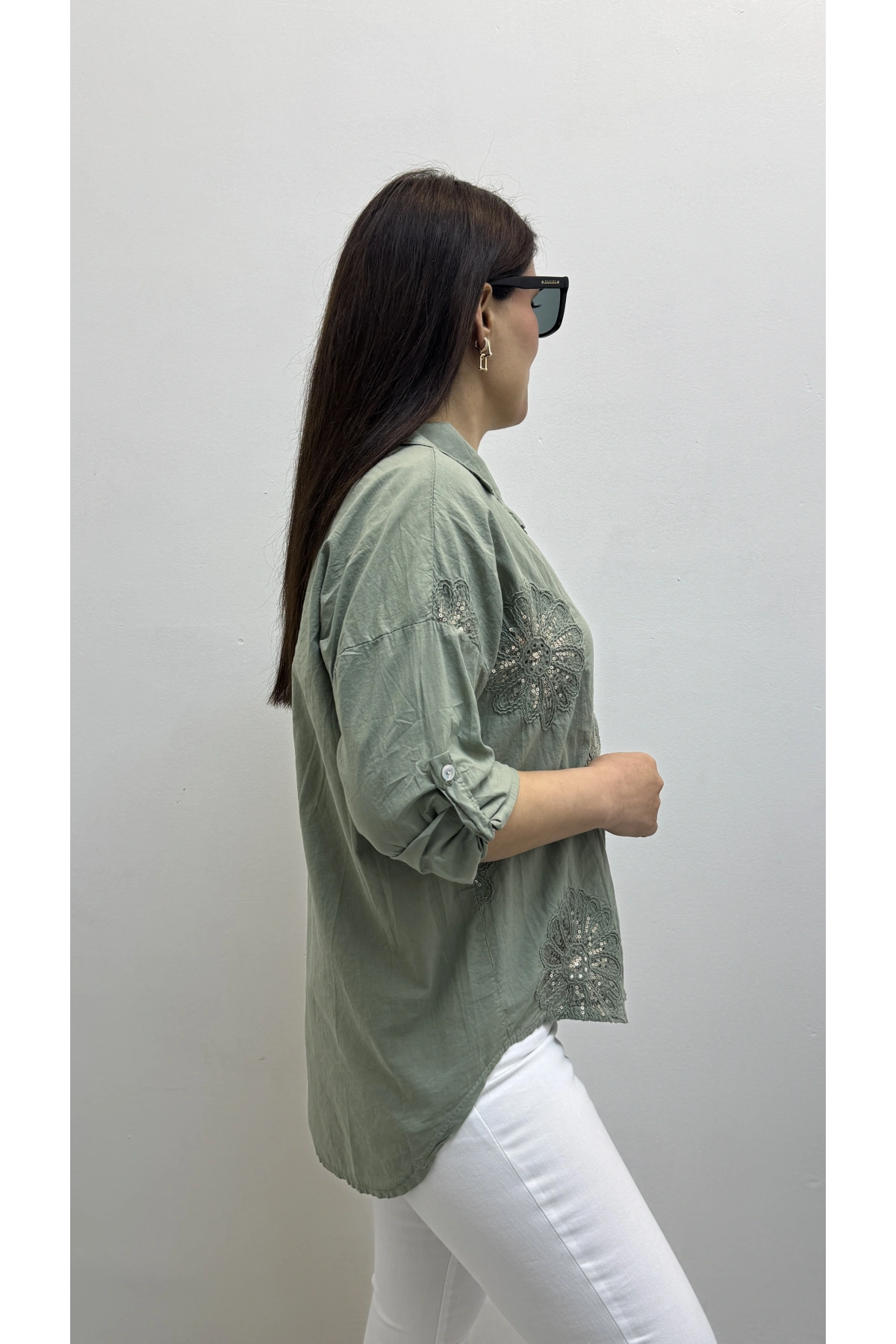 Nakışlı Pul Payet İşlemeli Haki Yeşil İthal Gömlek