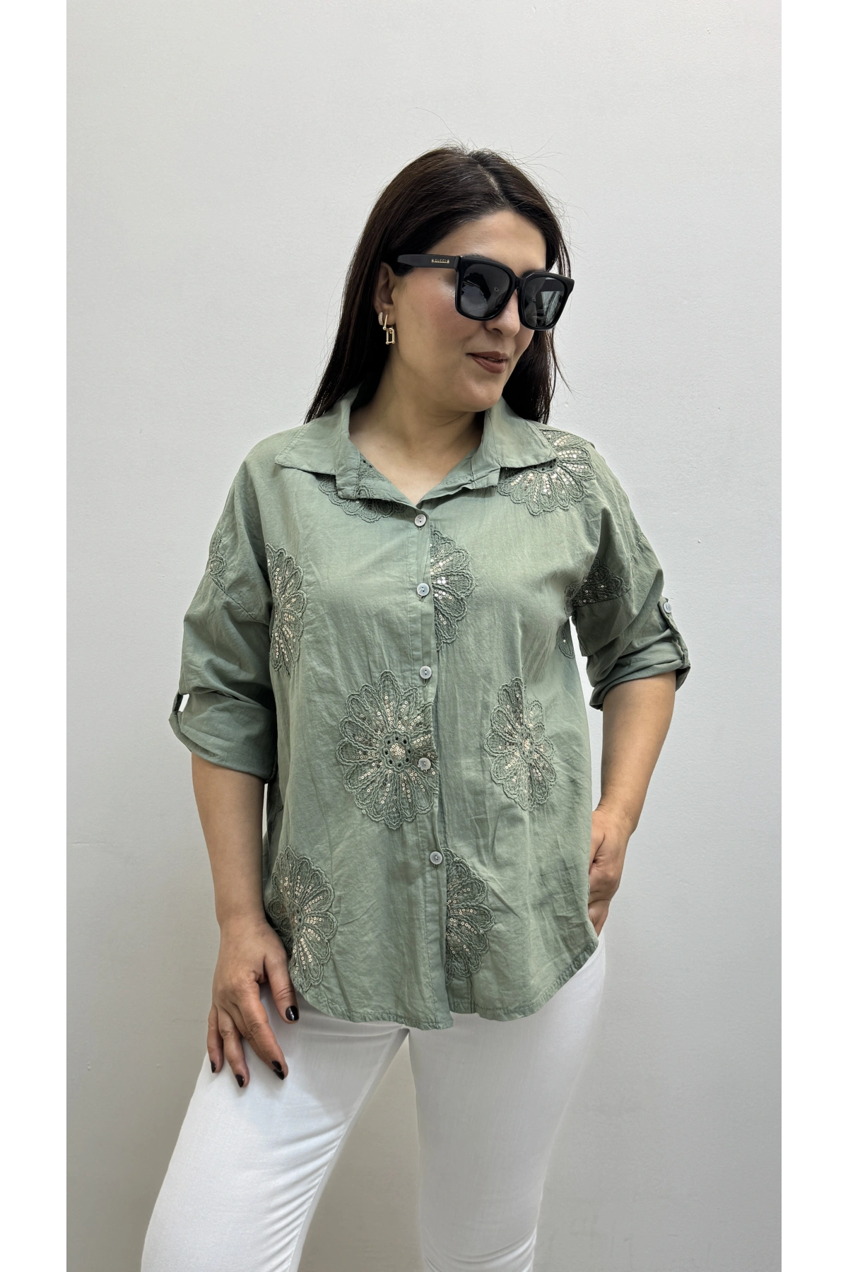 Nakışlı Pul Payet İşlemeli Haki Yeşil İthal Gömlek