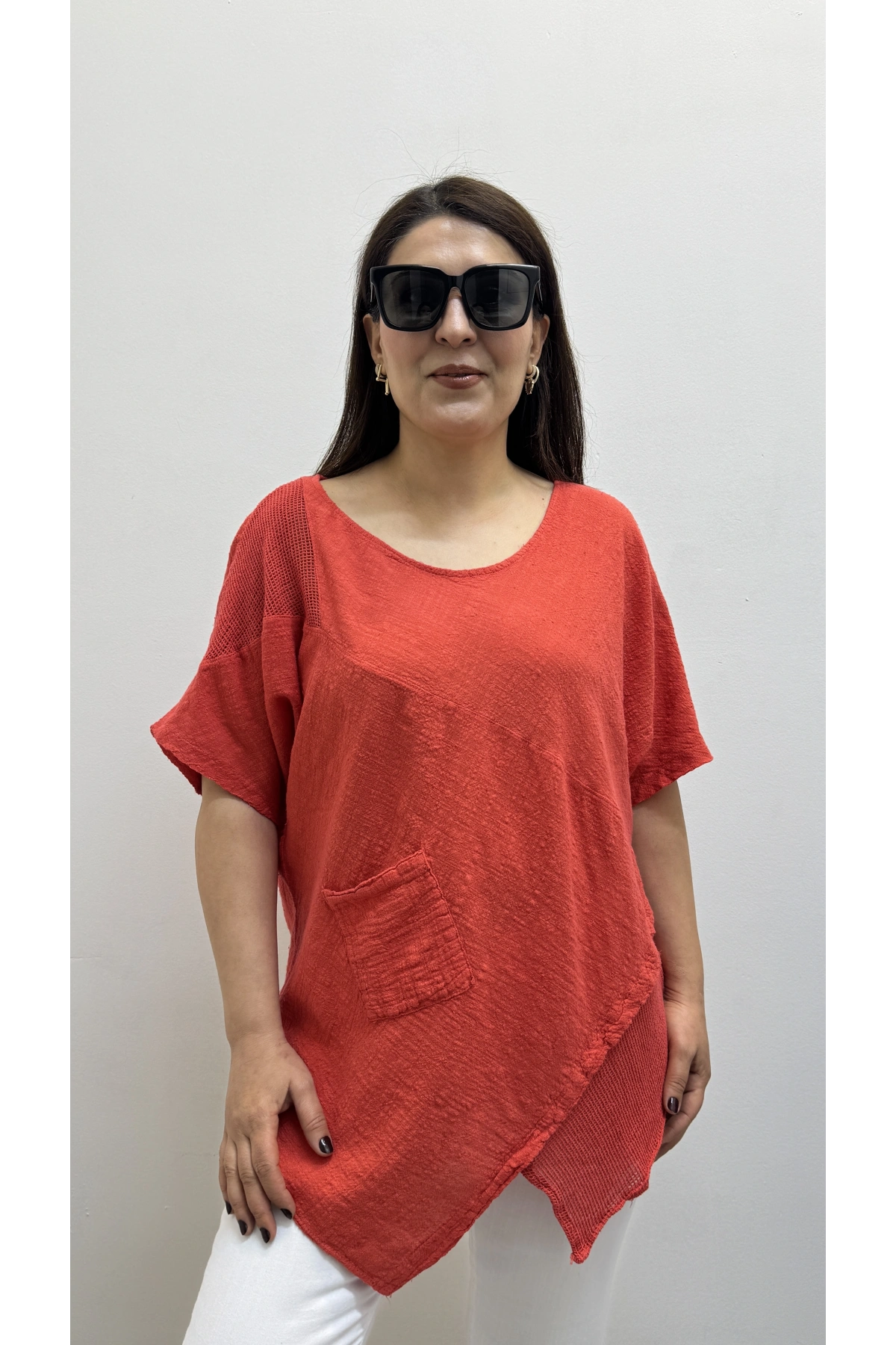 Asimetrik Kesim Narçiçeği Rengi Pamuklu Bluz