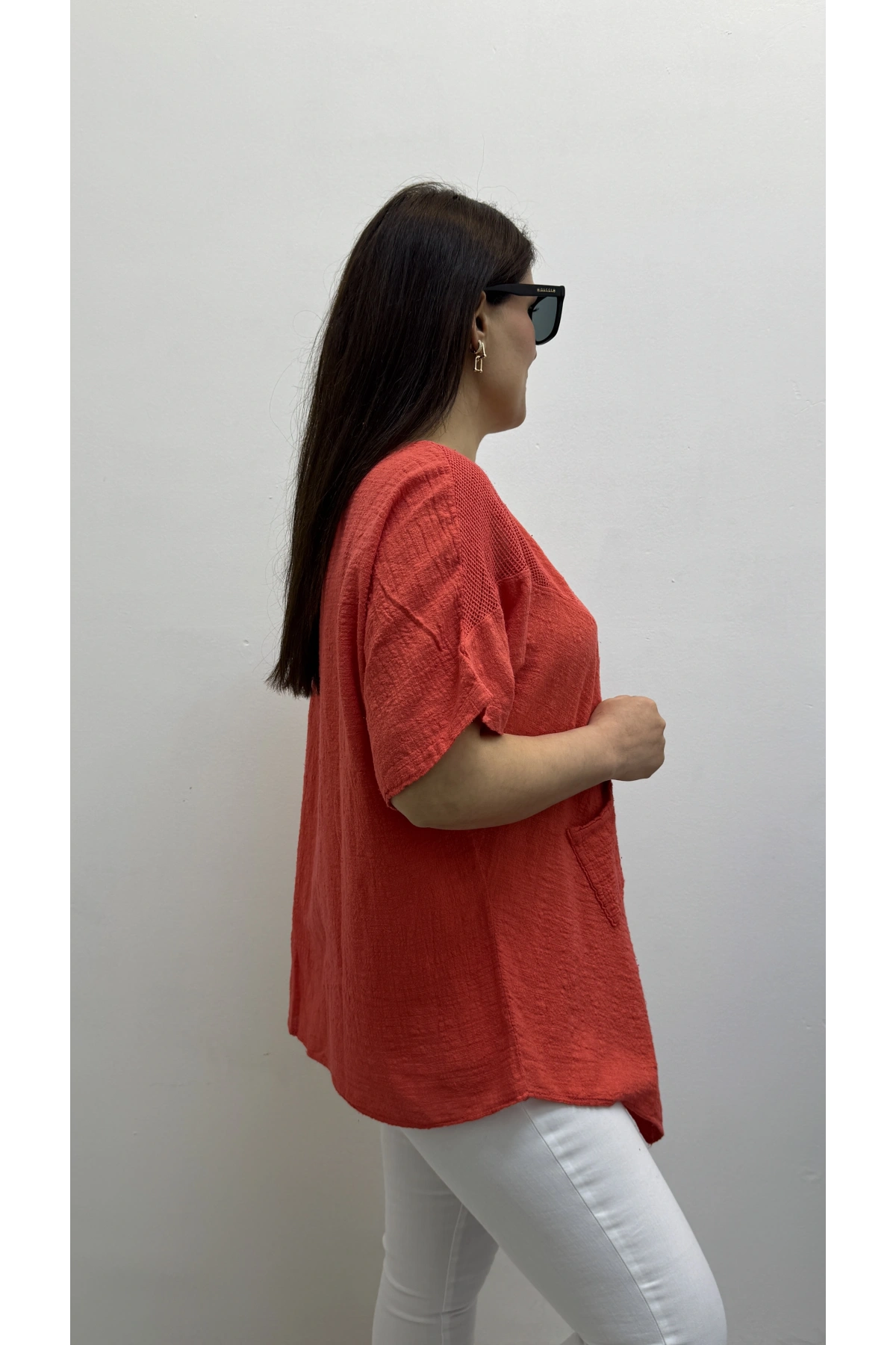 Asimetrik Kesim Narçiçeği Rengi Pamuklu Bluz