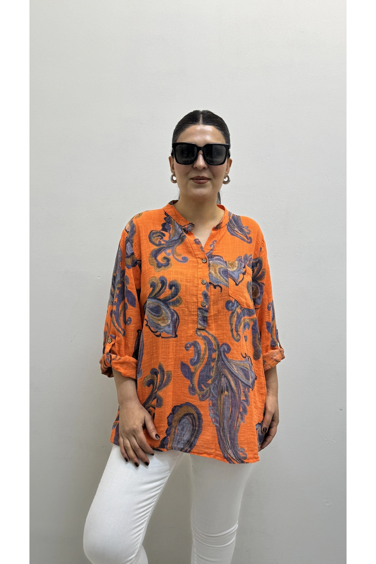 Yaprak Desenli Hakim Yaka Turuncu İthal Gömlek