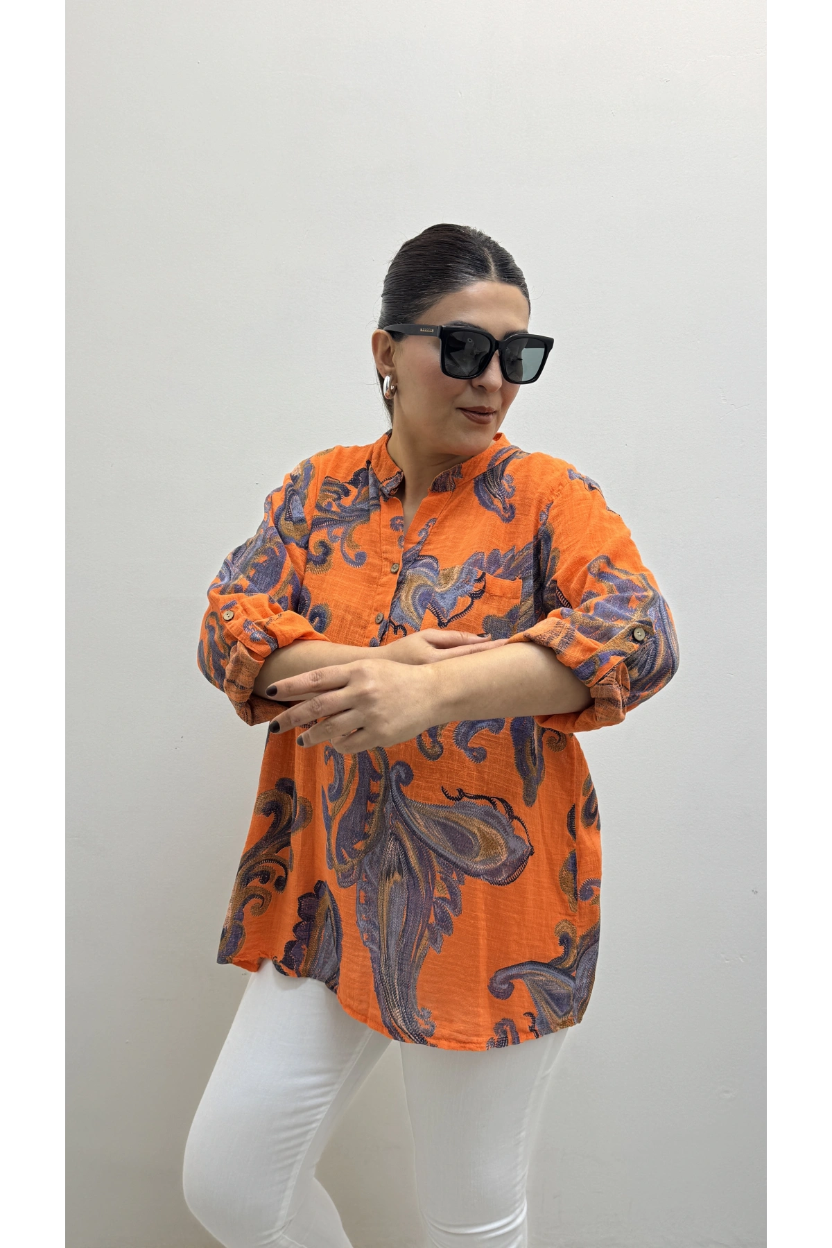 Yaprak Desenli Hakim Yaka Turuncu İthal Gömlek