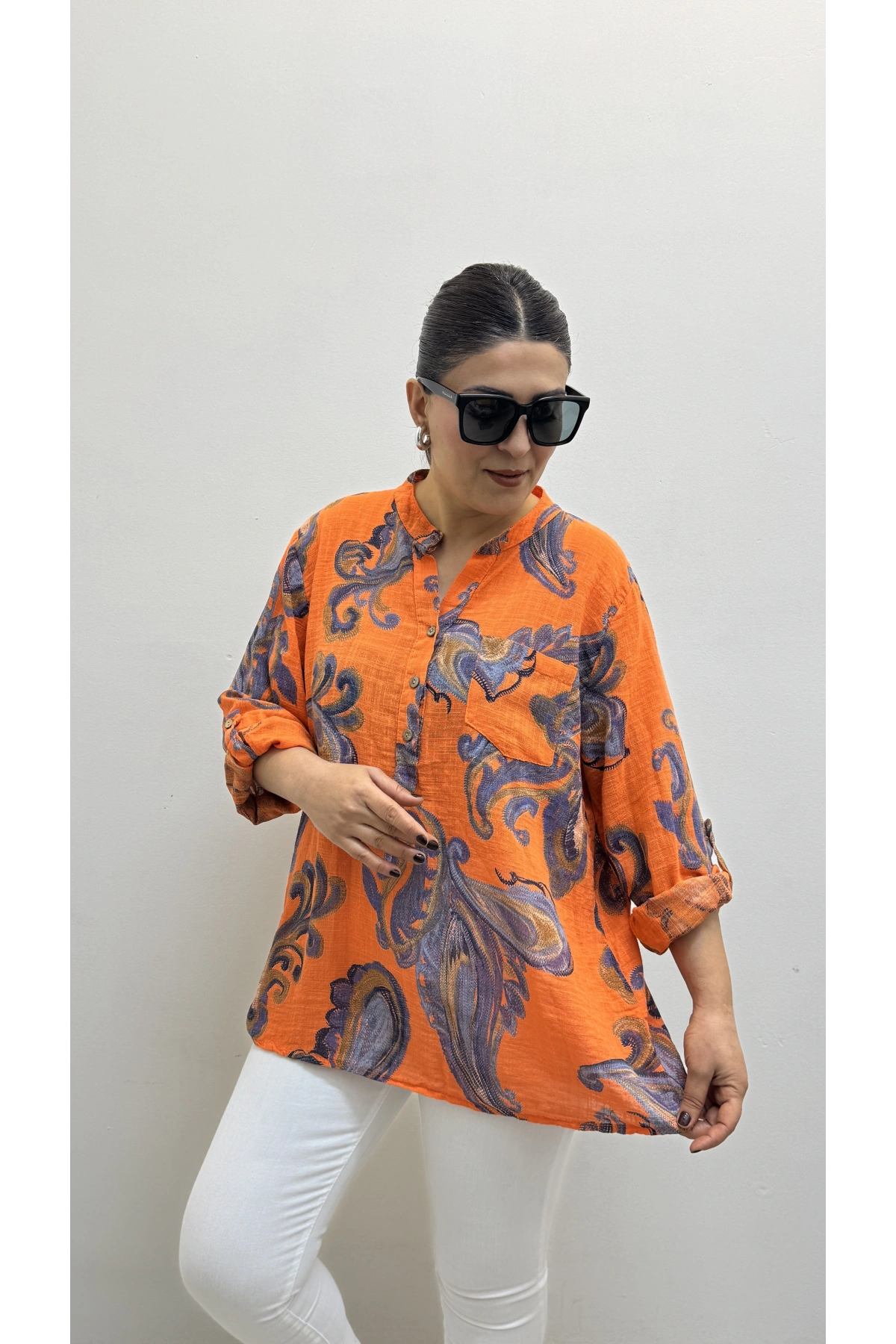 Yaprak Desenli Hakim Yaka Turuncu İthal Gömlek