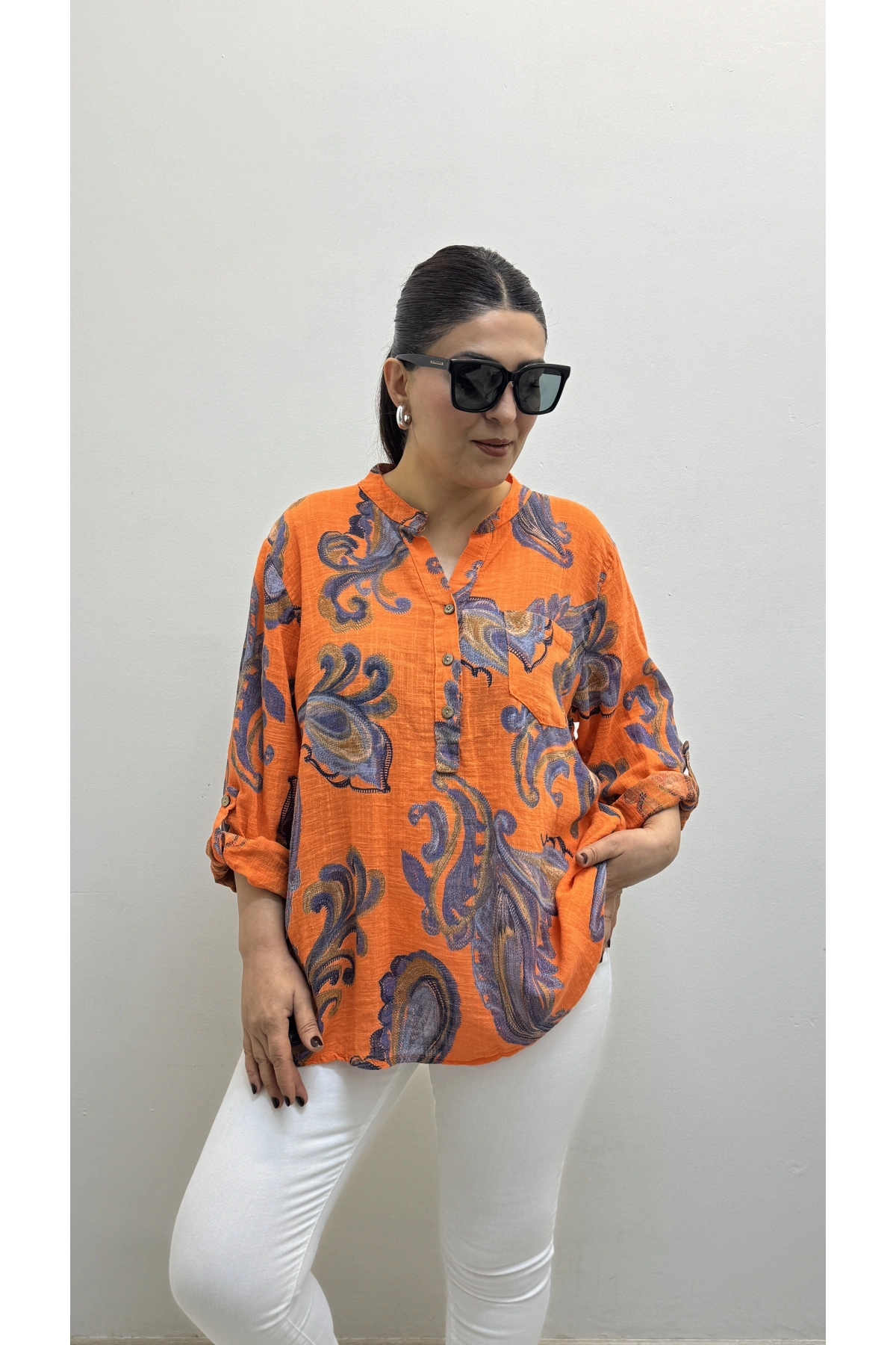 Yaprak Desenli Hakim Yaka Turuncu İthal Gömlek