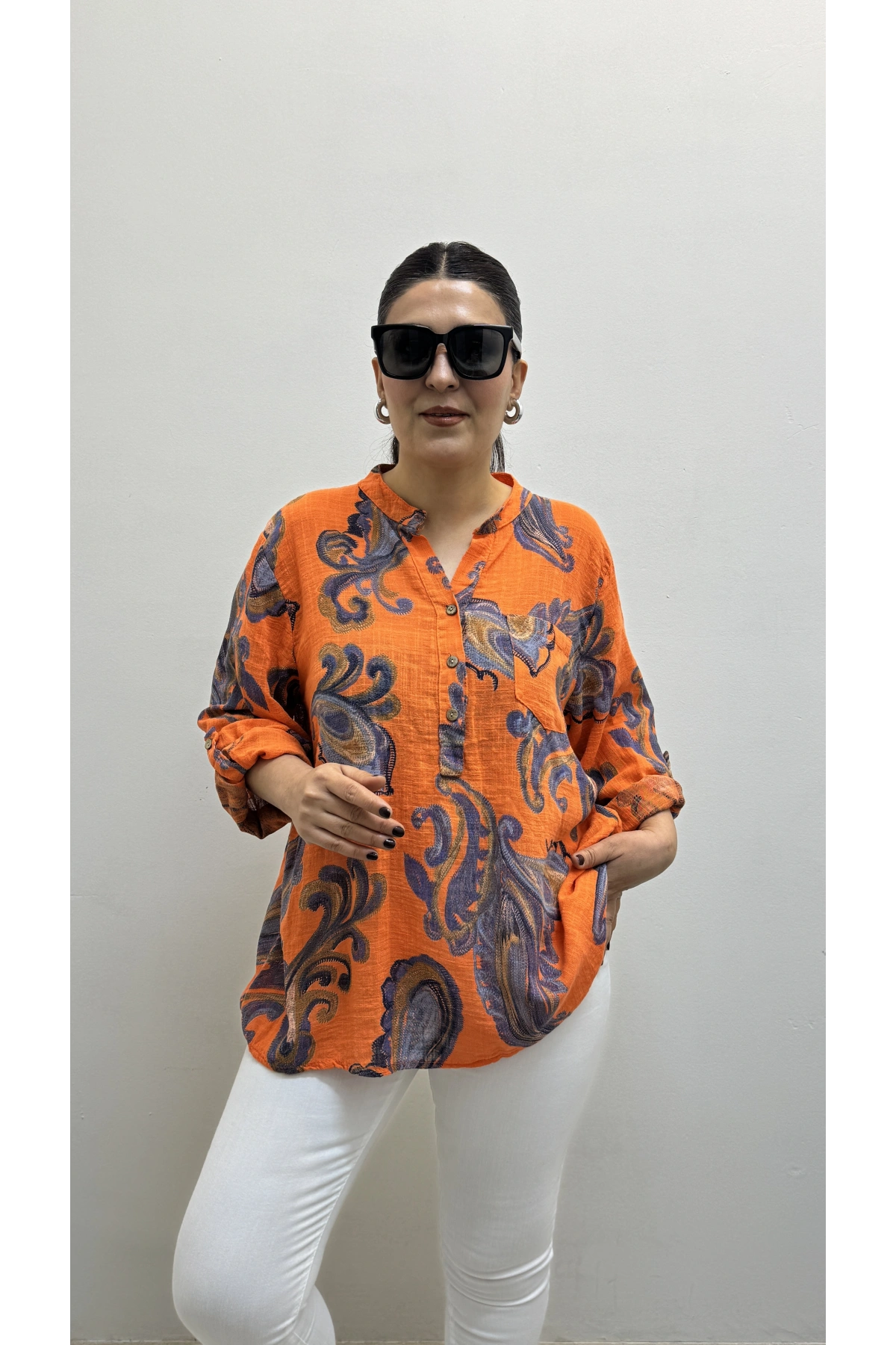 Yaprak Desenli Hakim Yaka Turuncu İthal Gömlek