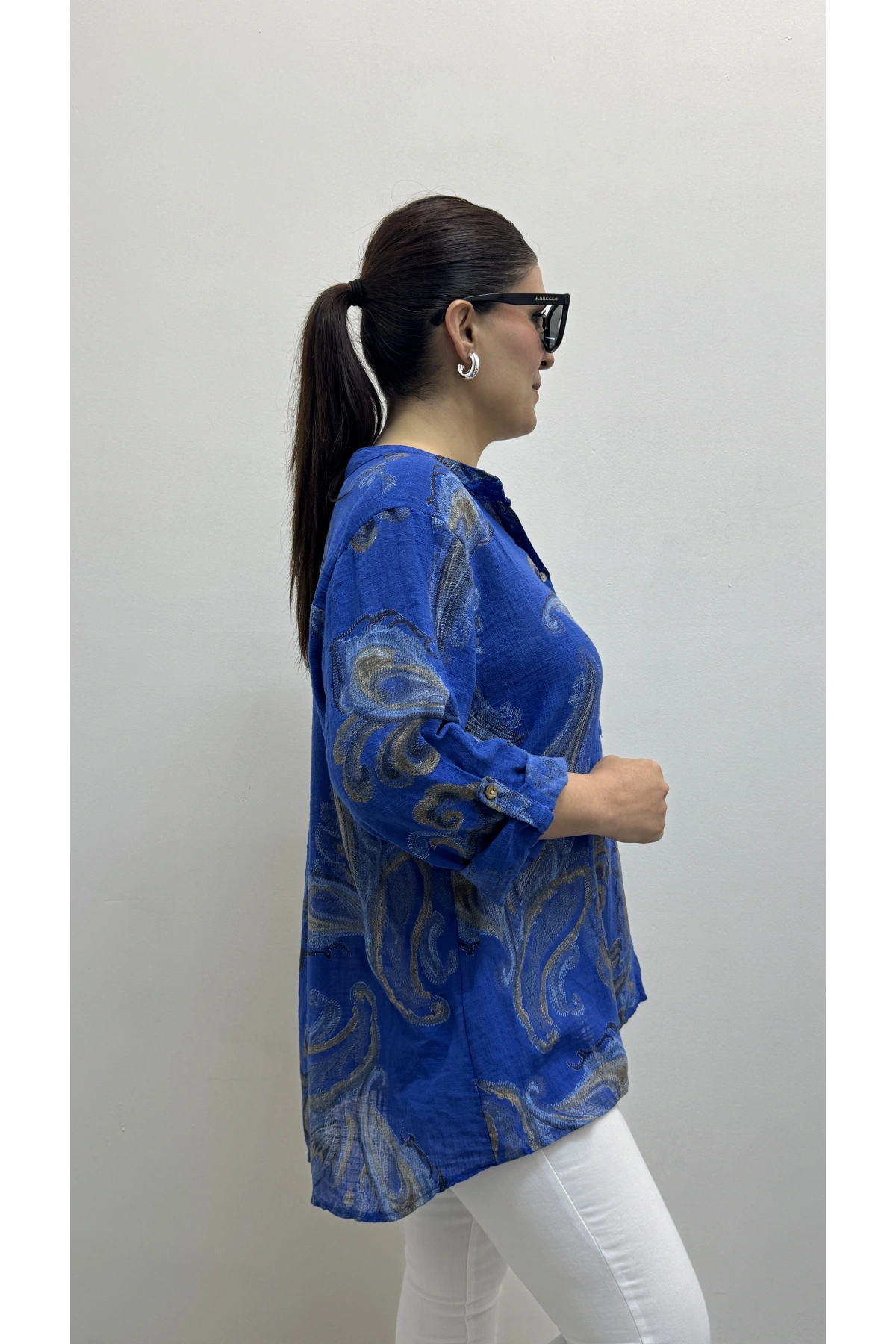 Yaprak Desenli Hakim Yaka Saks Mavi İthal Gömlek