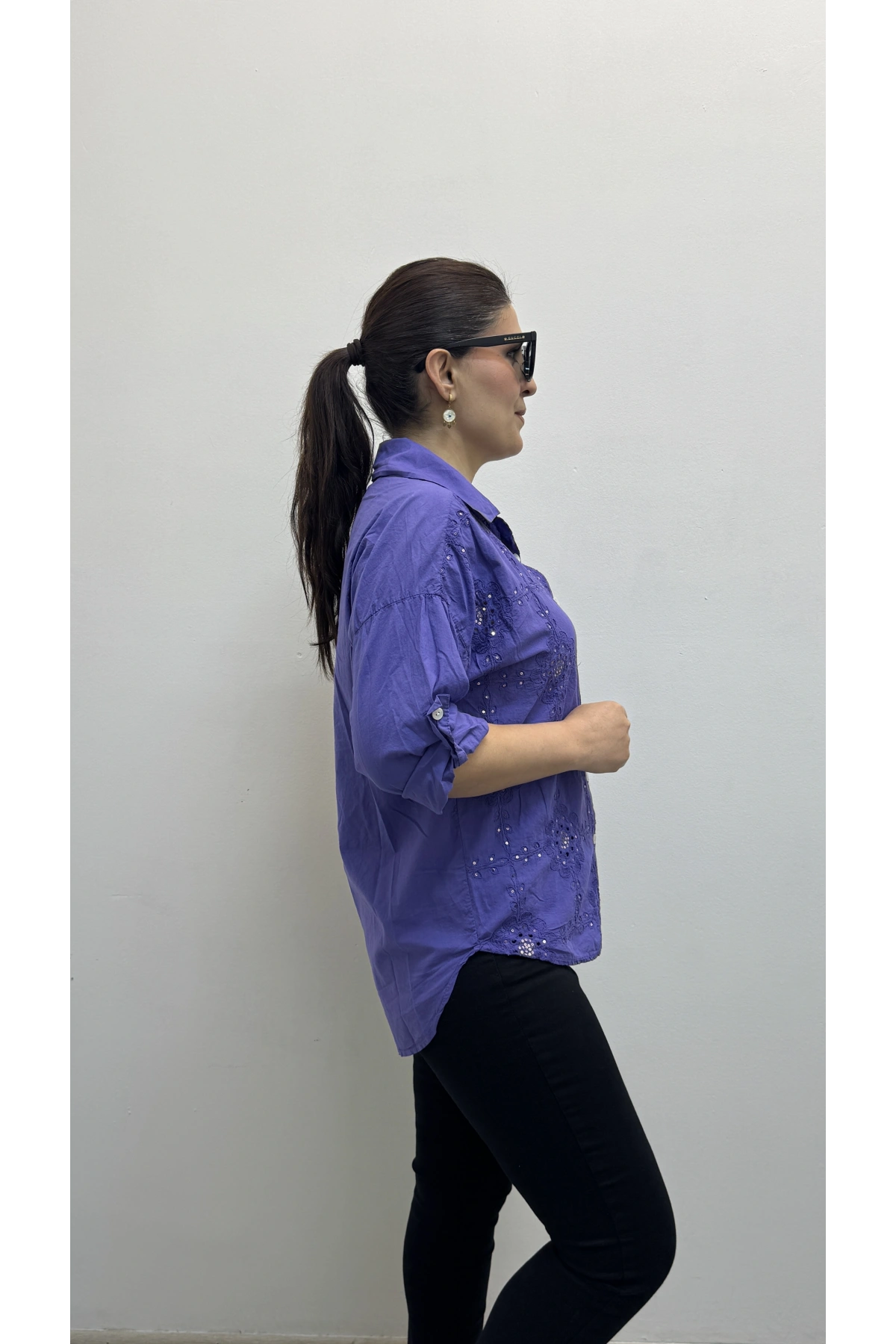 Nakış Ve Pul Payet İşlemeli Yakalı Mor Renk İthal Gömlek