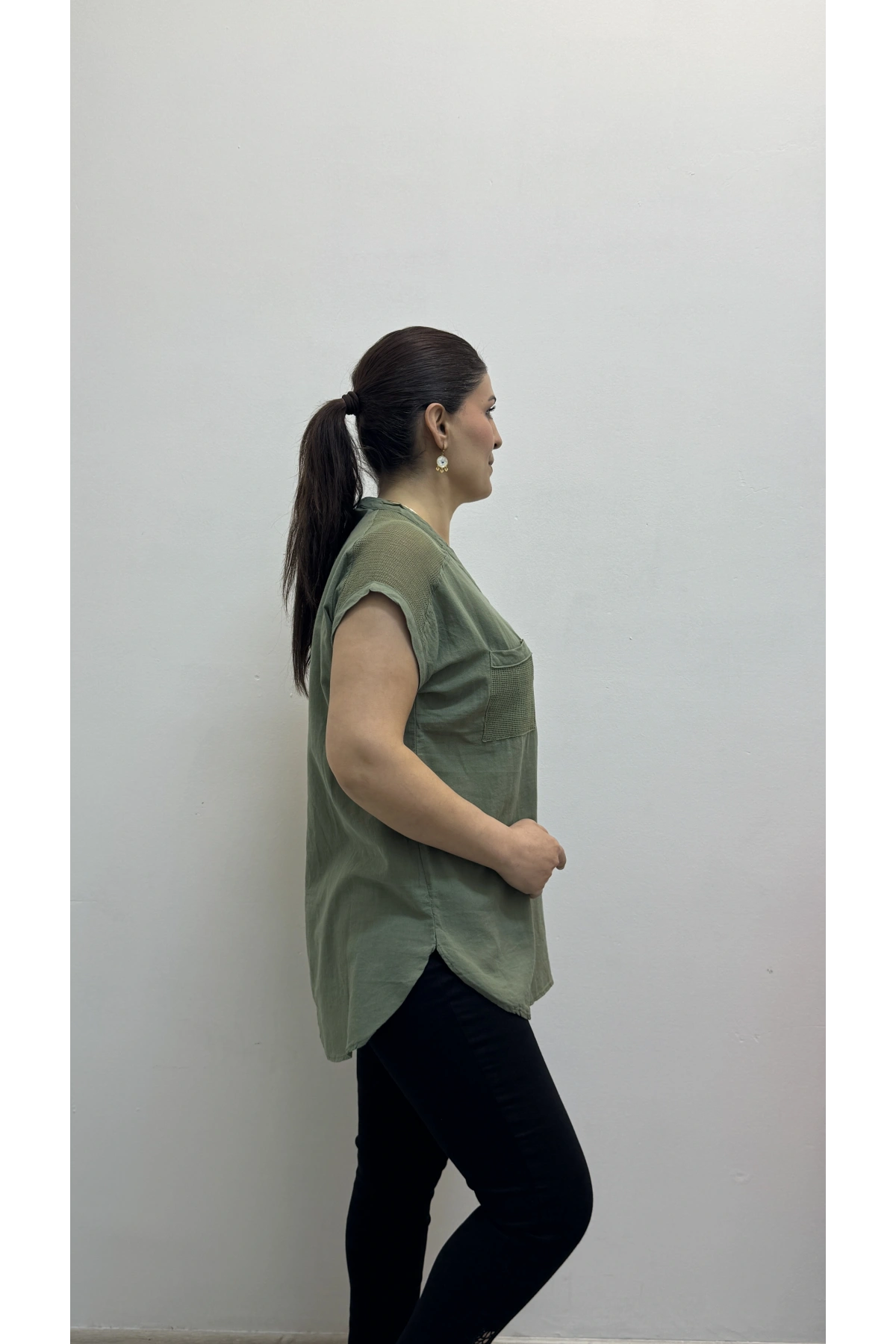 Omuz File Detaylı File Cepli Haki Yeşil Pamuklu Bluz