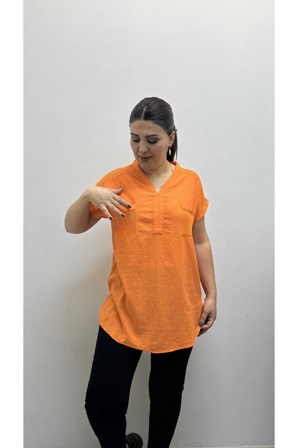 Omuz File Detaylı File Cepli Turuncu Pamuklu Bluz