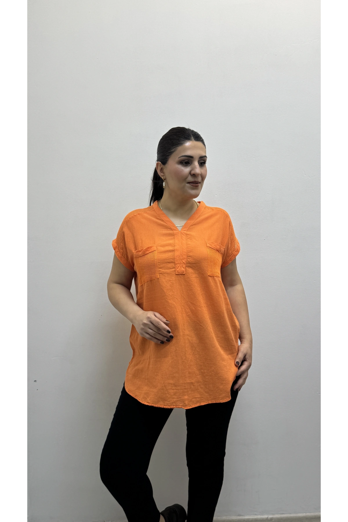 Omuz File Detaylı File Cepli Turuncu Pamuklu Bluz
