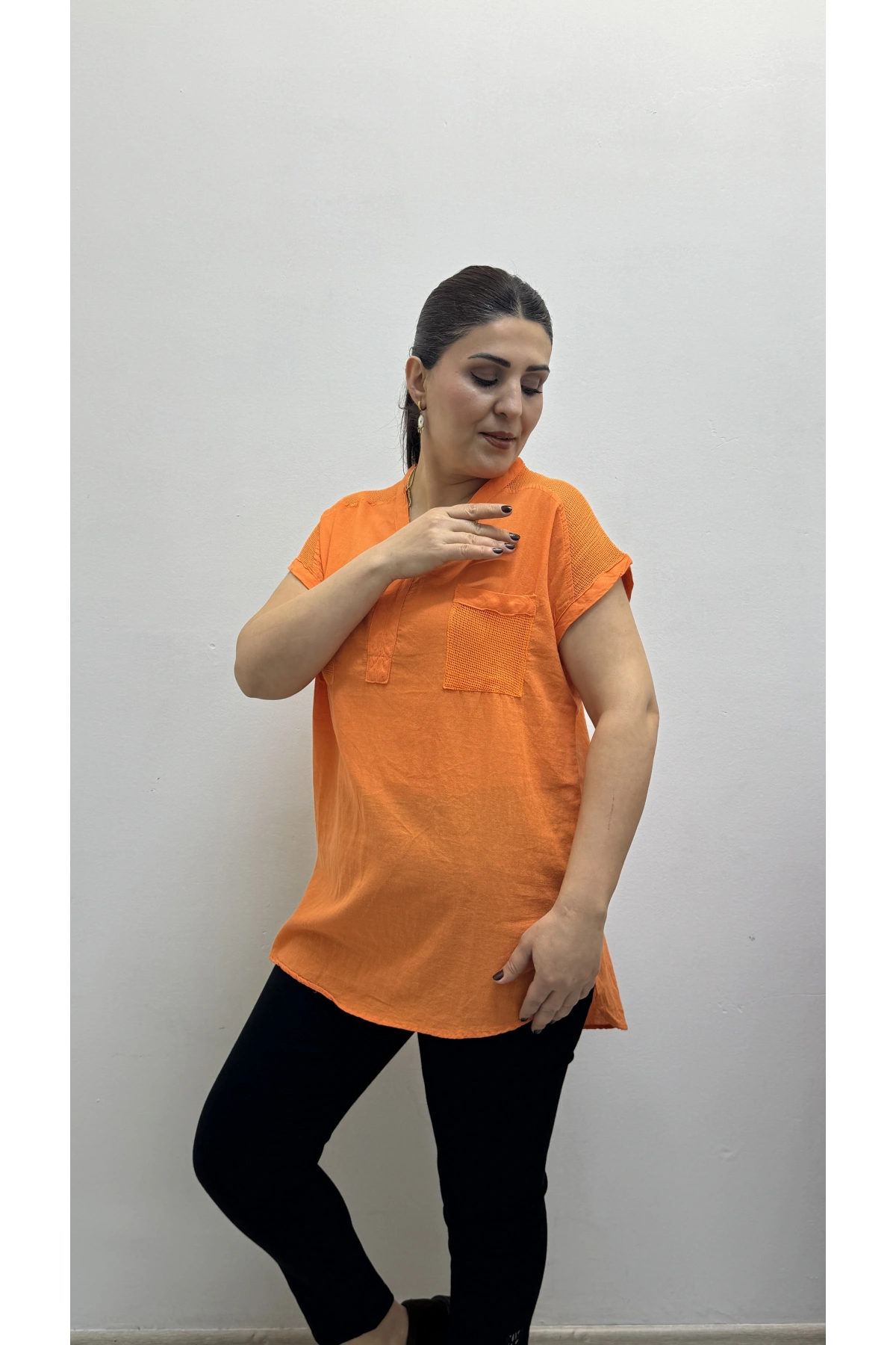 Omuz File Detaylı File Cepli Turuncu Pamuklu Bluz