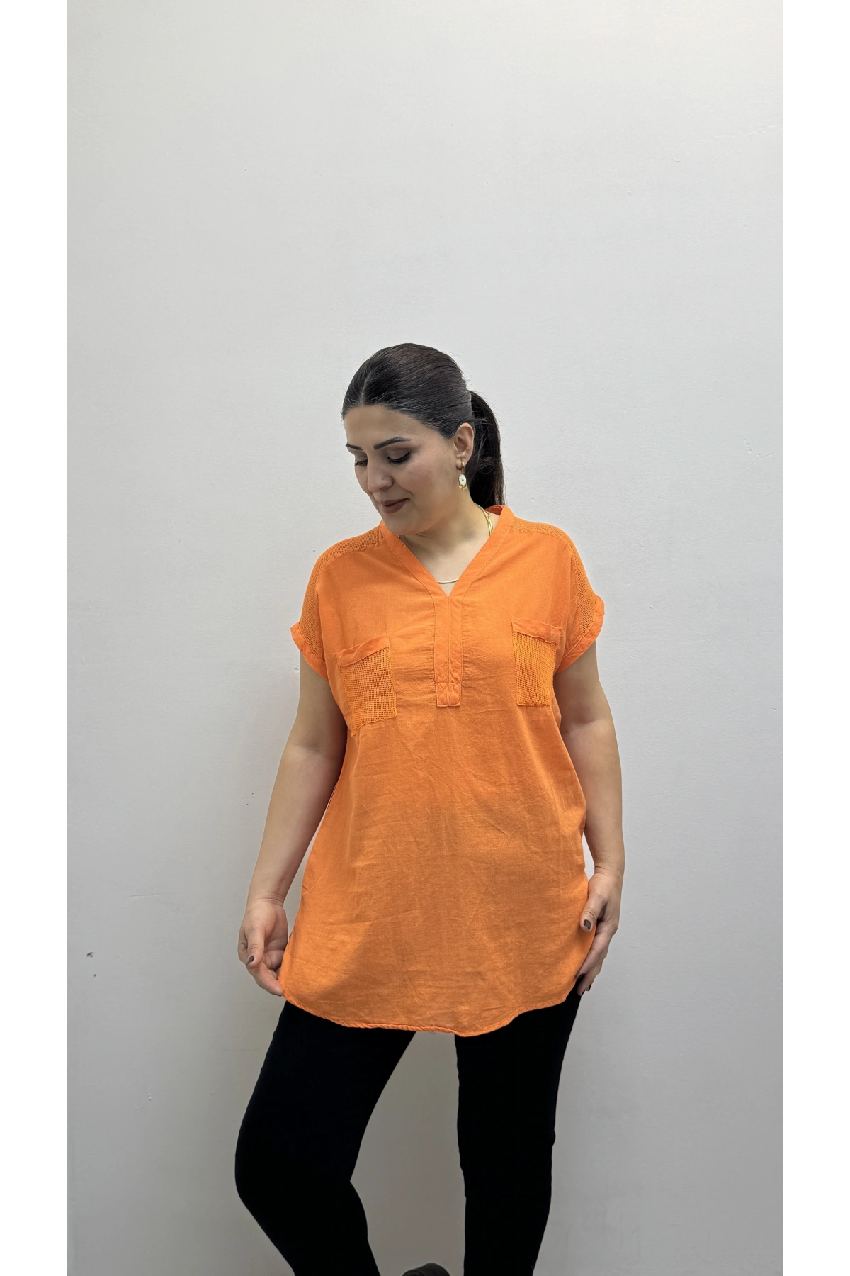 Omuz File Detaylı File Cepli Turuncu Pamuklu Bluz