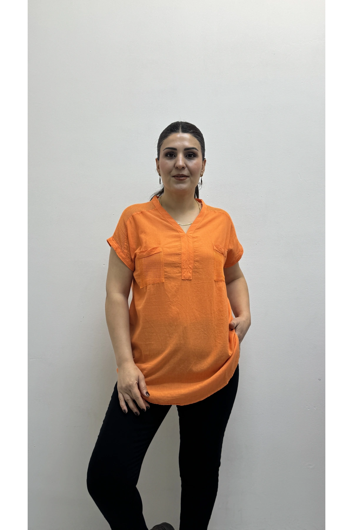 Omuz File Detaylı File Cepli Turuncu Pamuklu Bluz