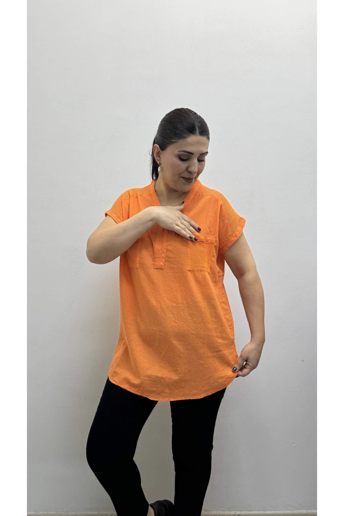 Omuz File Detaylı File Cepli Turuncu Pamuklu Bluz