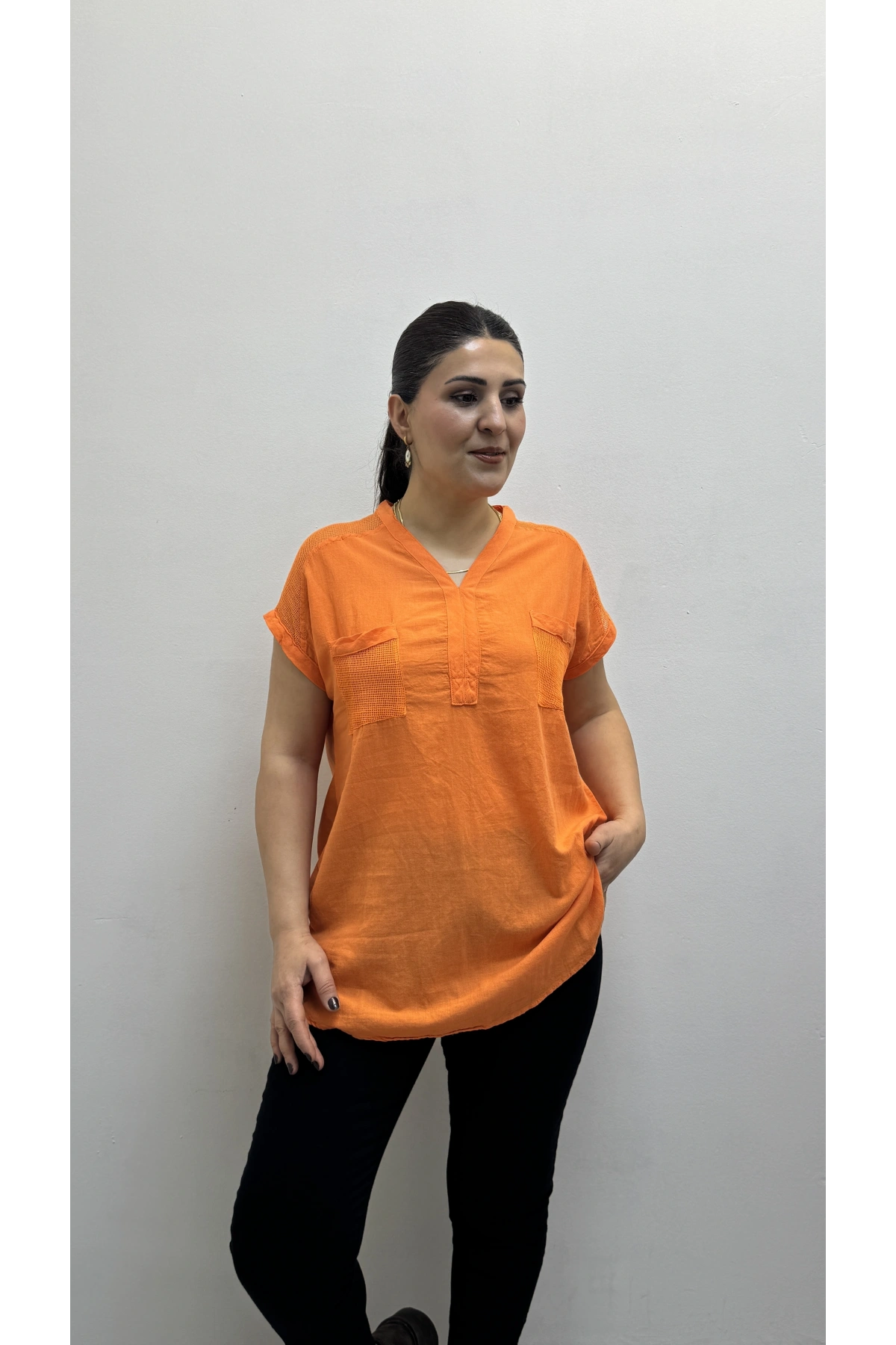 Omuz File Detaylı File Cepli Turuncu Pamuklu Bluz