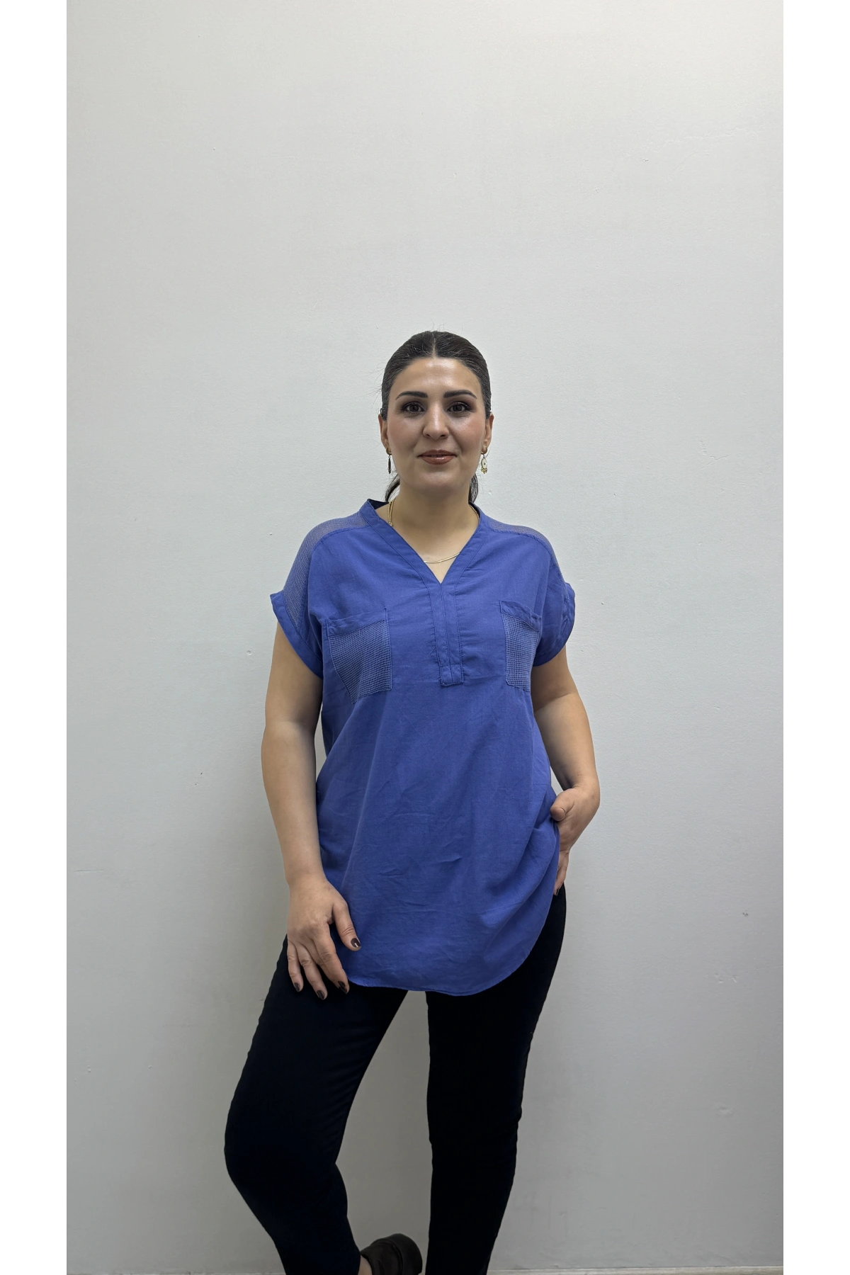 Omuz File Detaylı File Cepli Saks Mavi Pamuklu Bluz