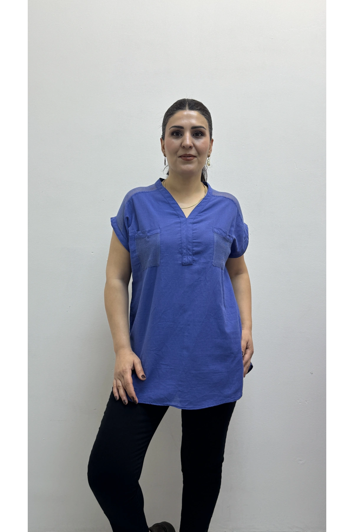 Omuz File Detaylı File Cepli Saks Mavi Pamuklu Bluz