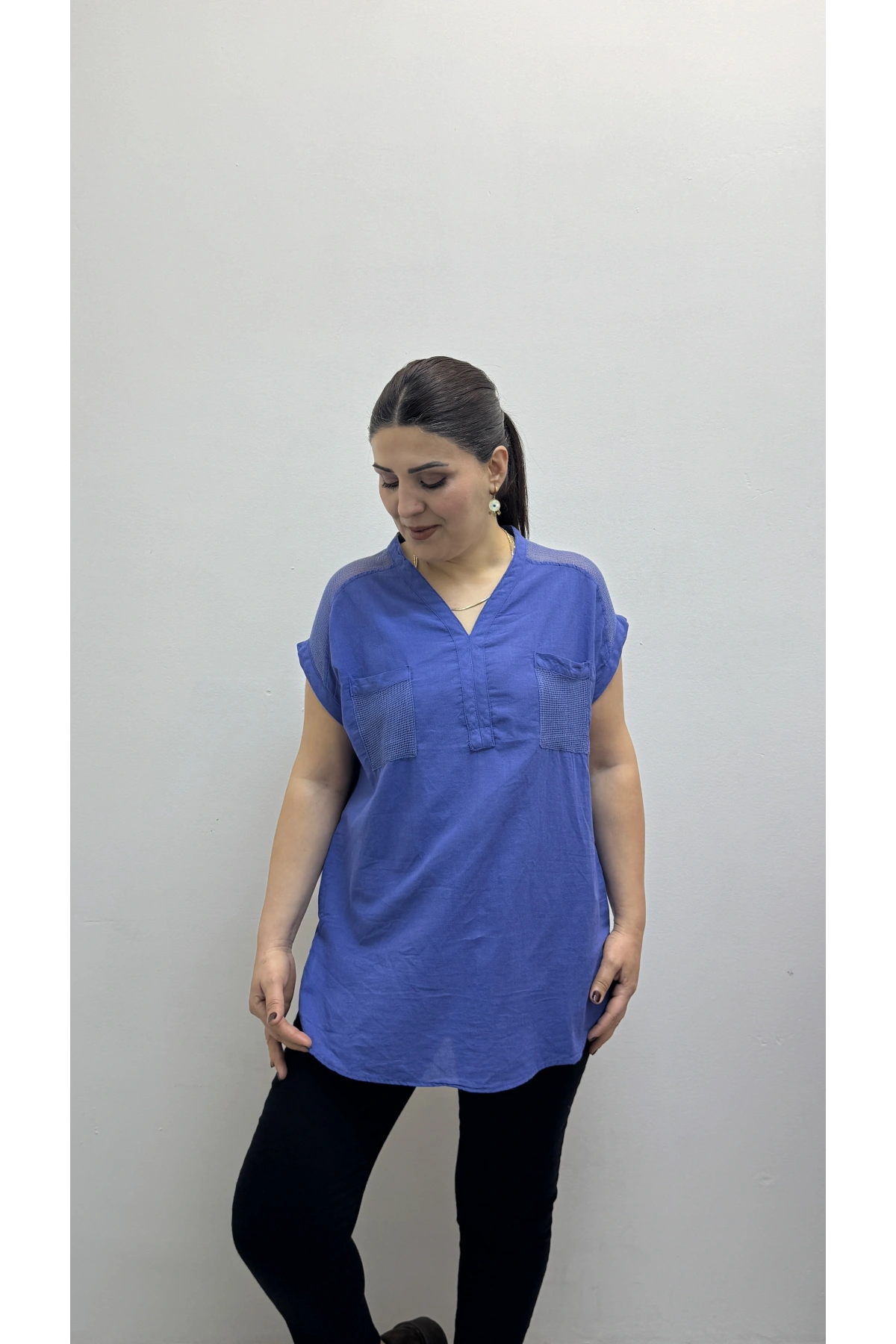 Omuz File Detaylı File Cepli Saks Mavi Pamuklu Bluz