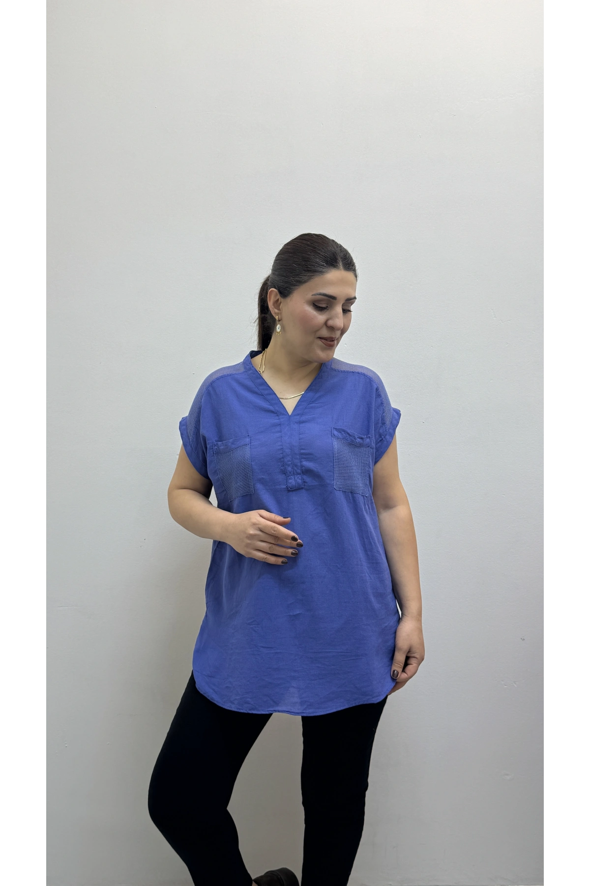 Omuz File Detaylı File Cepli Saks Mavi Pamuklu Bluz