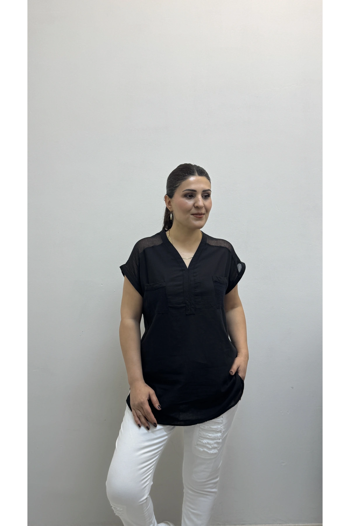 Omuz File Detaylı File Cepli Siyah Renk Pamuklu Bluz