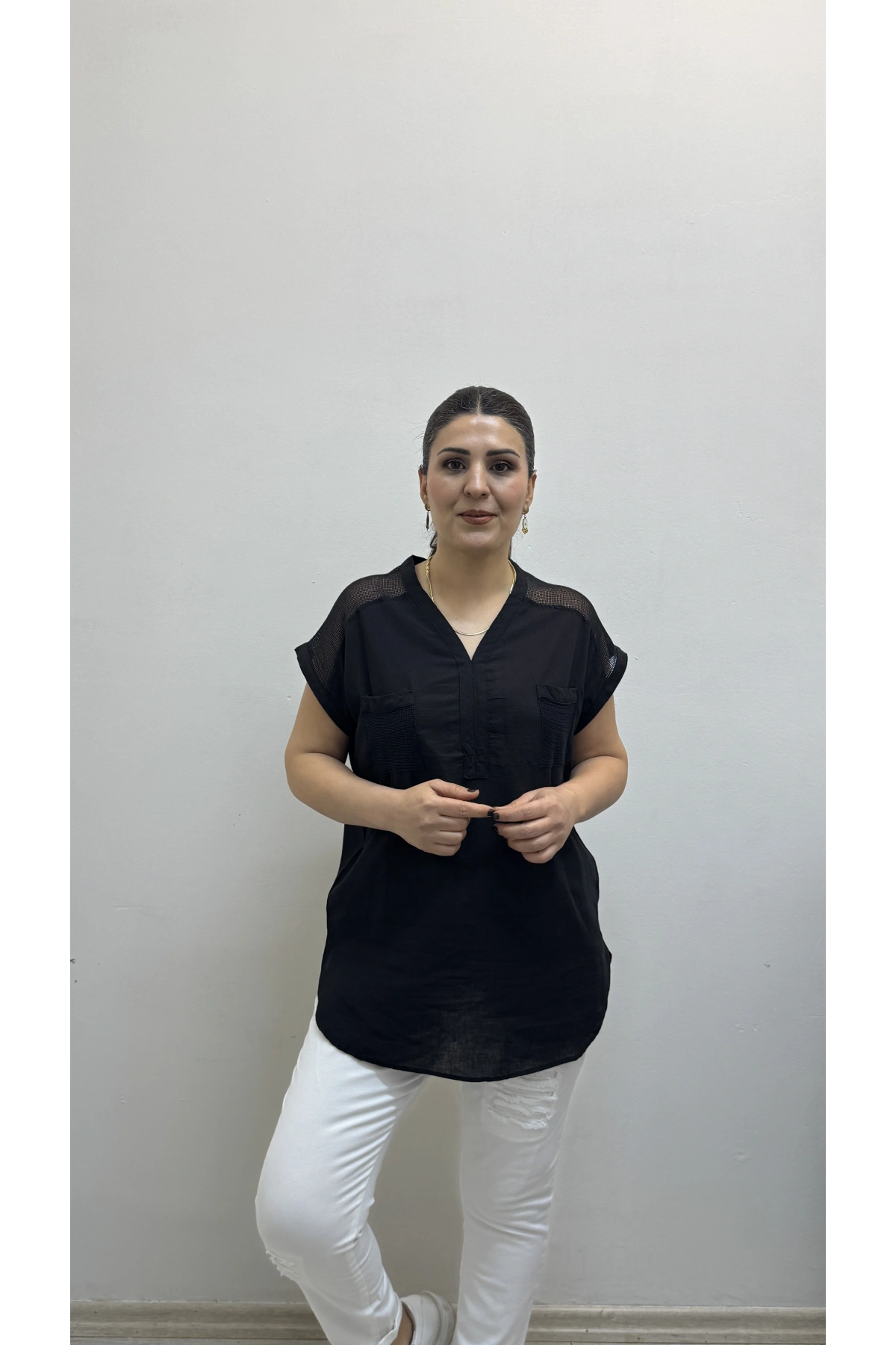 Omuz File Detaylı File Cepli Siyah Renk Pamuklu Bluz