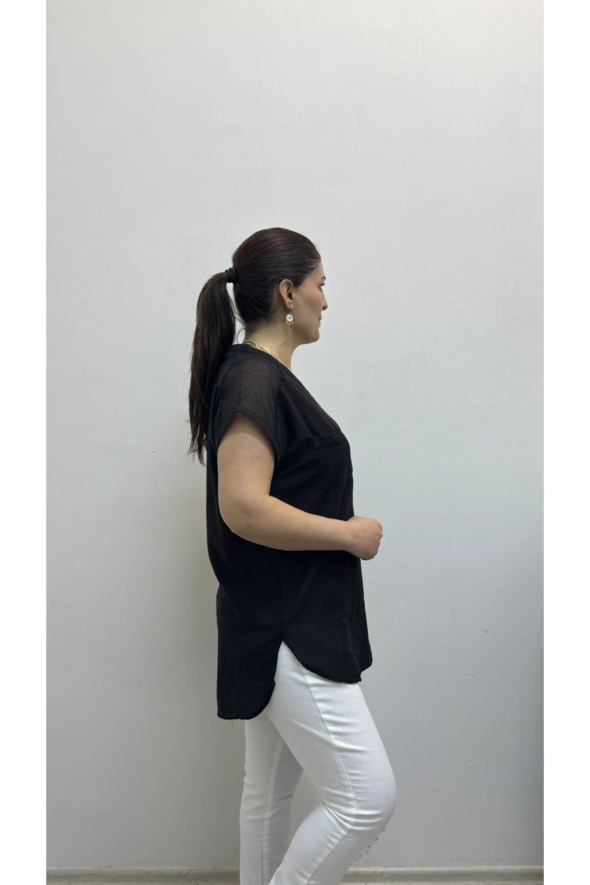 Omuz File Detaylı File Cepli Siyah Renk Pamuklu Bluz