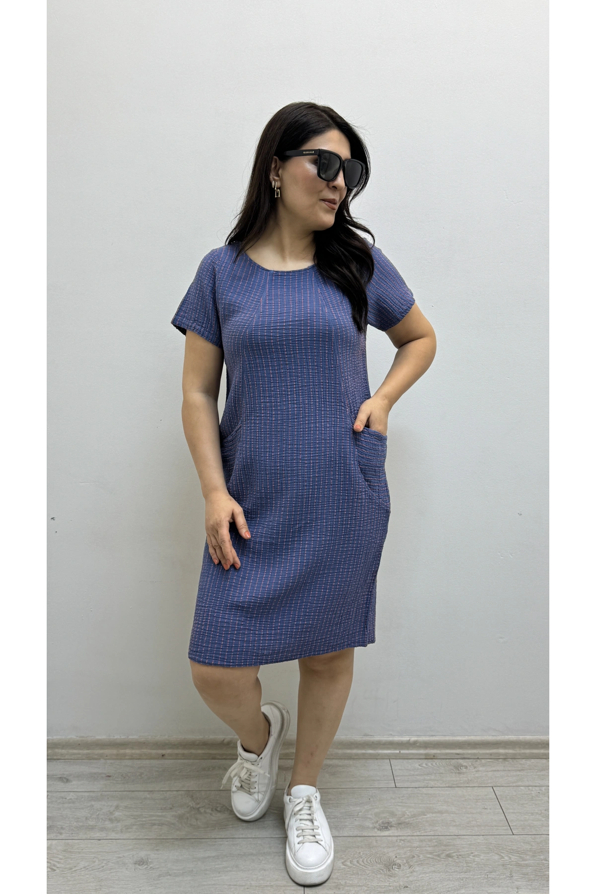 Çizgili İki Yandan Cepli Kısa Kol Mavi Renk Pamuklu Elbise