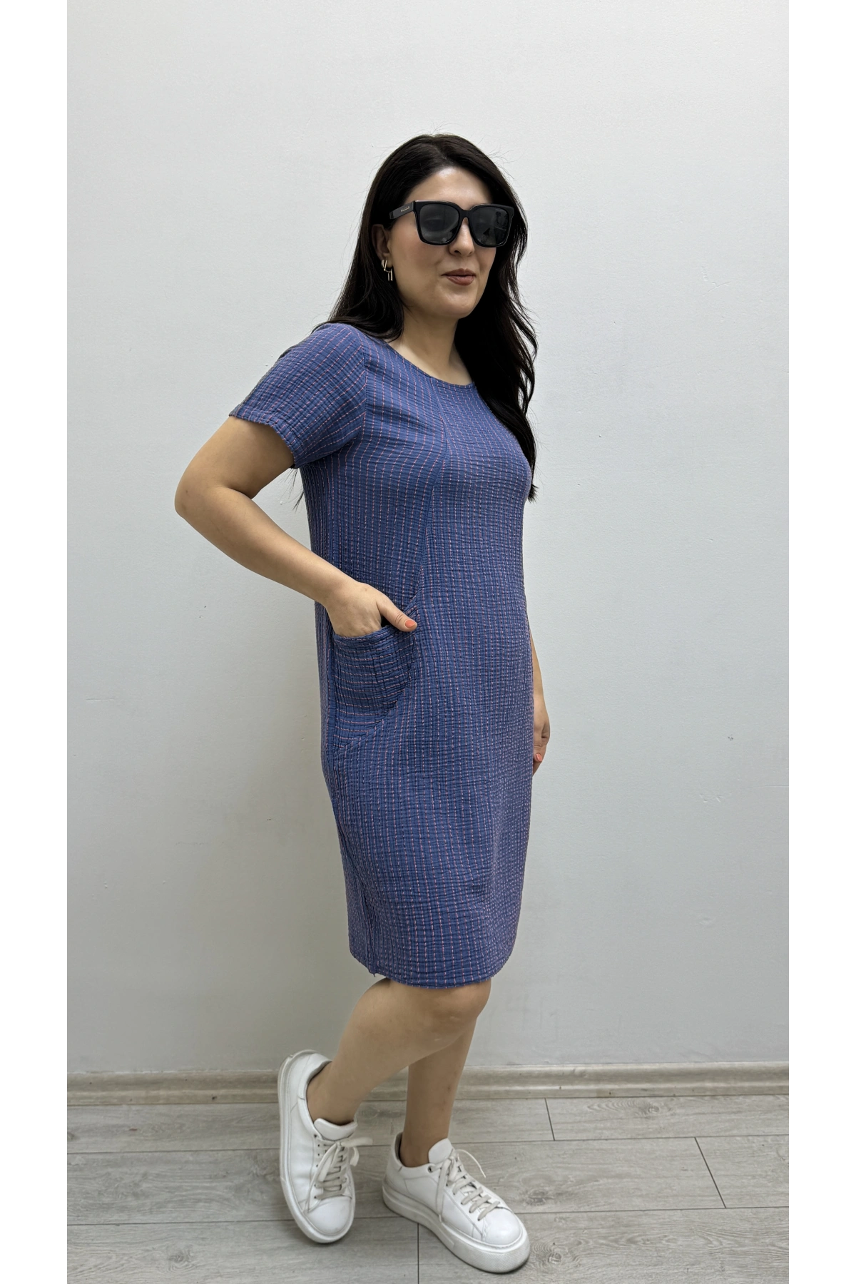 Çizgili İki Yandan Cepli Kısa Kol Mavi Renk Pamuklu Elbise