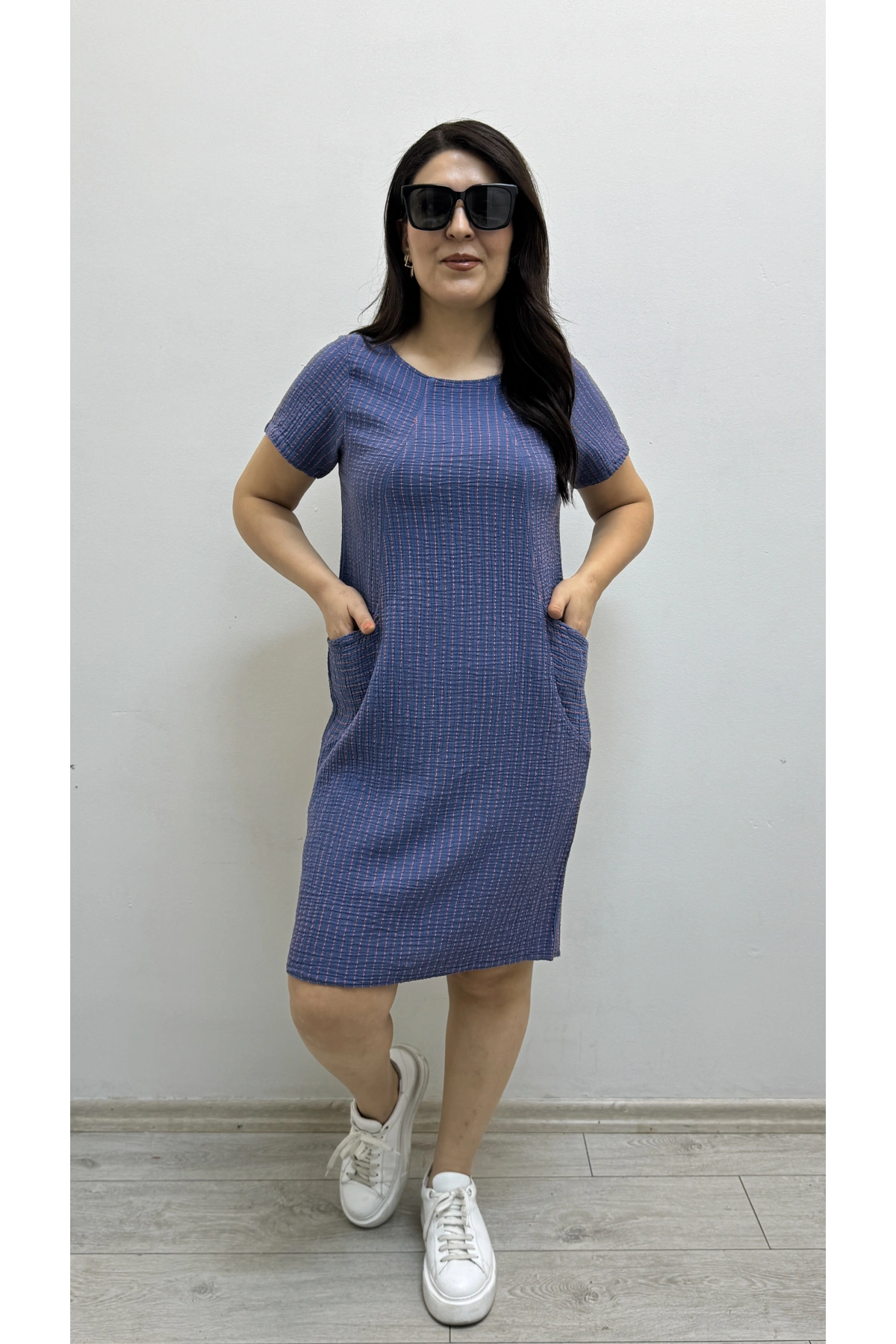 Çizgili İki Yandan Cepli Kısa Kol Mavi Renk Pamuklu Elbise