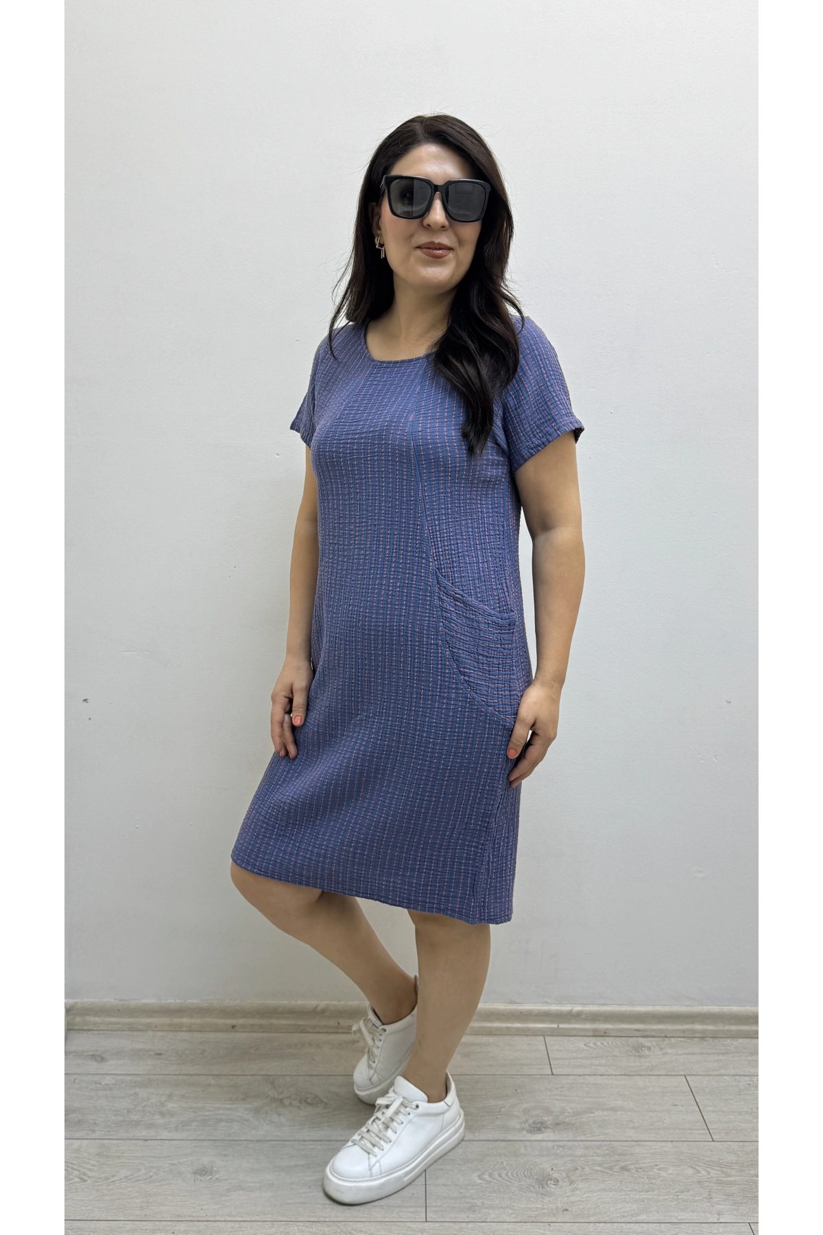 Çizgili İki Yandan Cepli Kısa Kol Mavi Renk Pamuklu Elbise