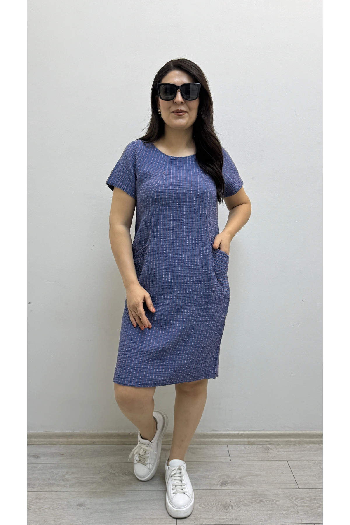 Çizgili İki Yandan Cepli Kısa Kol Mavi Renk Pamuklu Elbise