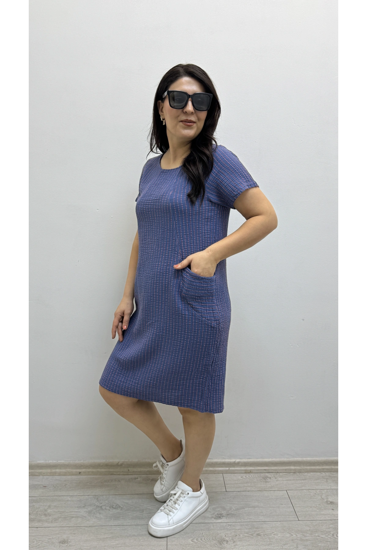 Çizgili İki Yandan Cepli Kısa Kol Mavi Renk Pamuklu Elbise