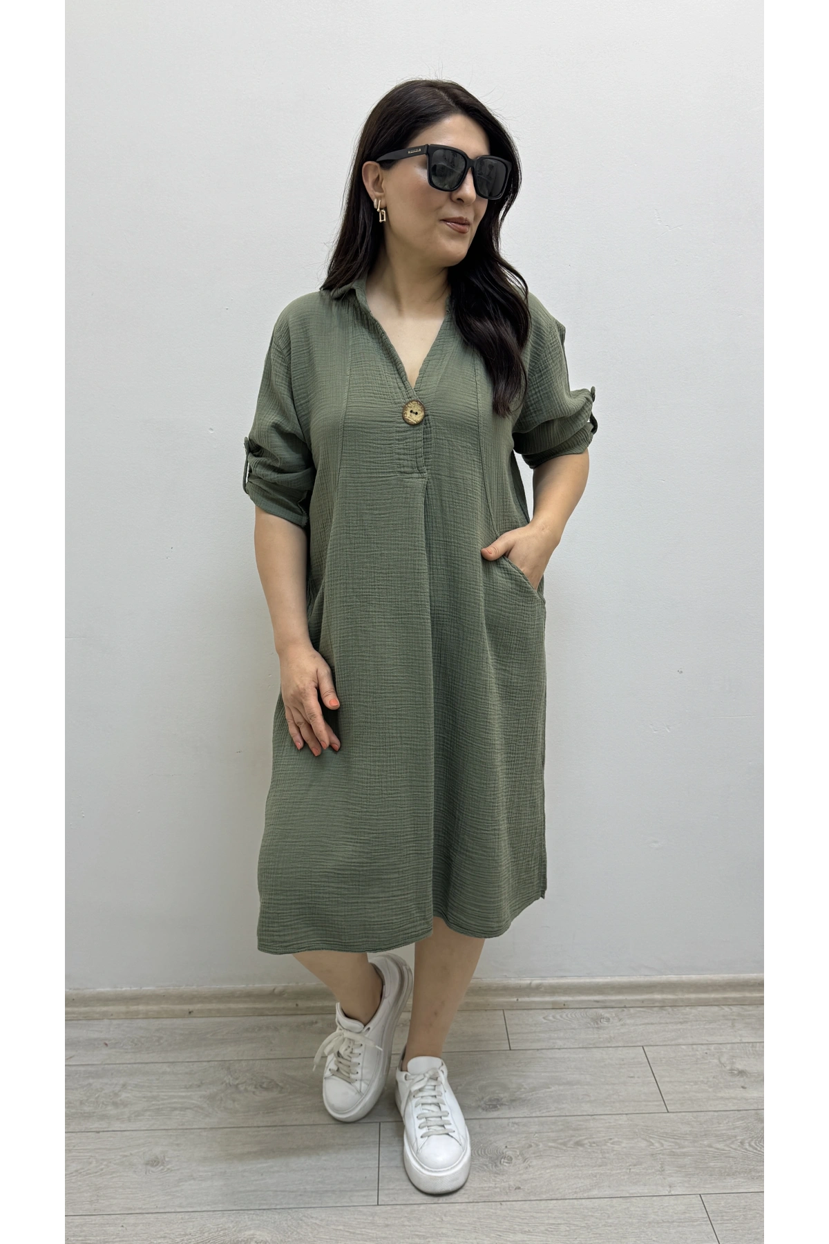 Dirsek Kol İki Yandan Cepli Haki Yeşil Müslin Elbise