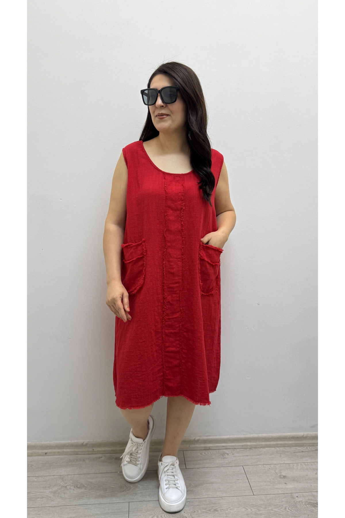 Kalın Askılı Püskül Dikişli Cepli Pamuklu Kırmızı Elbise