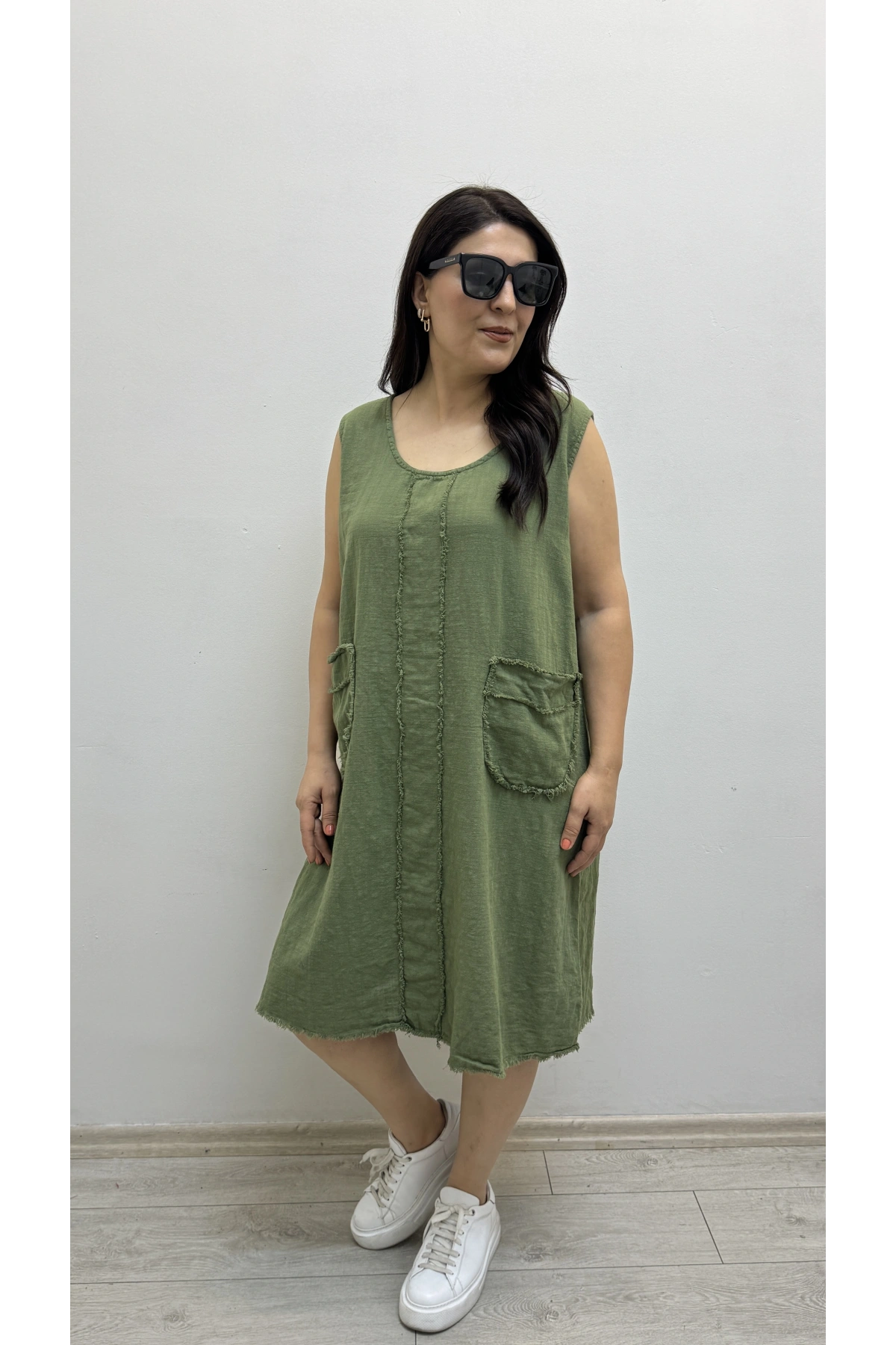 Kalın Askılı Püskül Dikişli Cepli Pamuklu Haki Yeşil Elbise