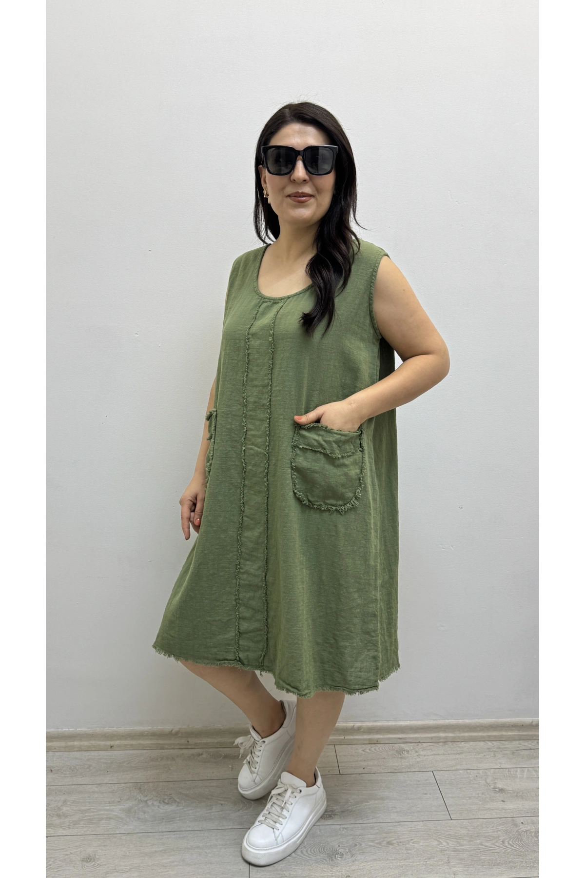 Kalın Askılı Püskül Dikişli Cepli Pamuklu Haki Yeşil Elbise