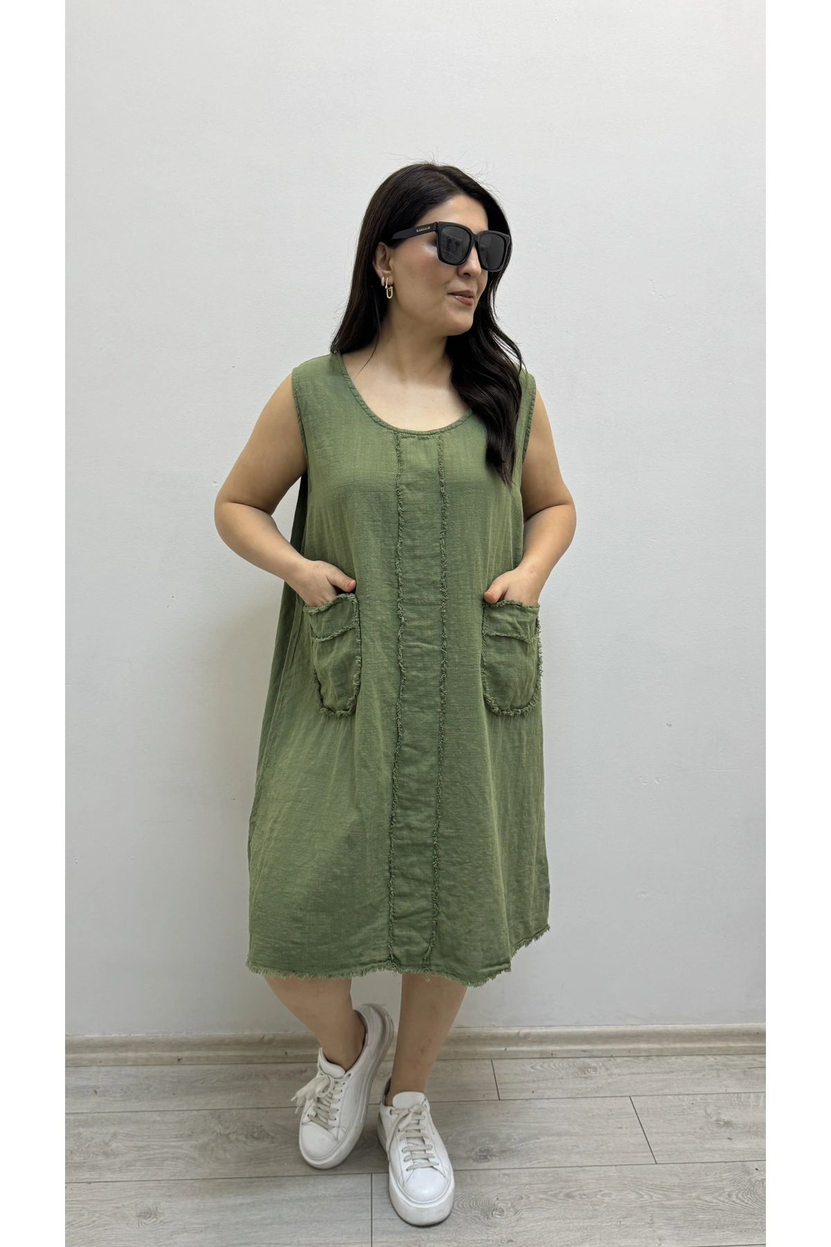 Kalın Askılı Püskül Dikişli Cepli Pamuklu Haki Yeşil Elbise