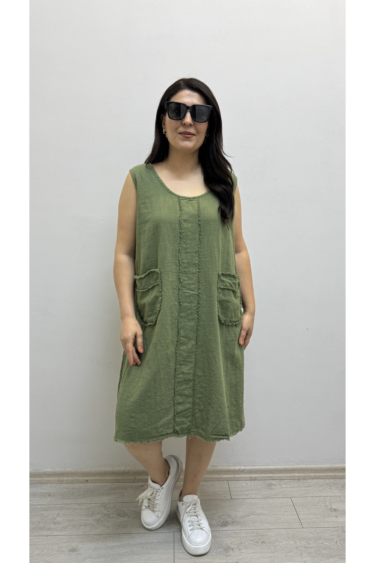 Kalın Askılı Püskül Dikişli Cepli Pamuklu Haki Yeşil Elbise