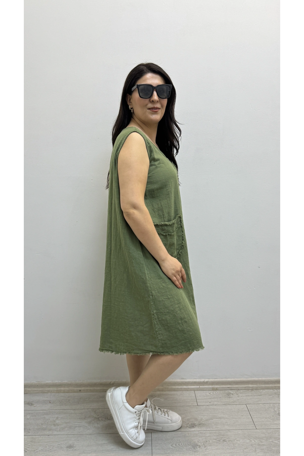 Kalın Askılı Püskül Dikişli Cepli Pamuklu Haki Yeşil Elbise